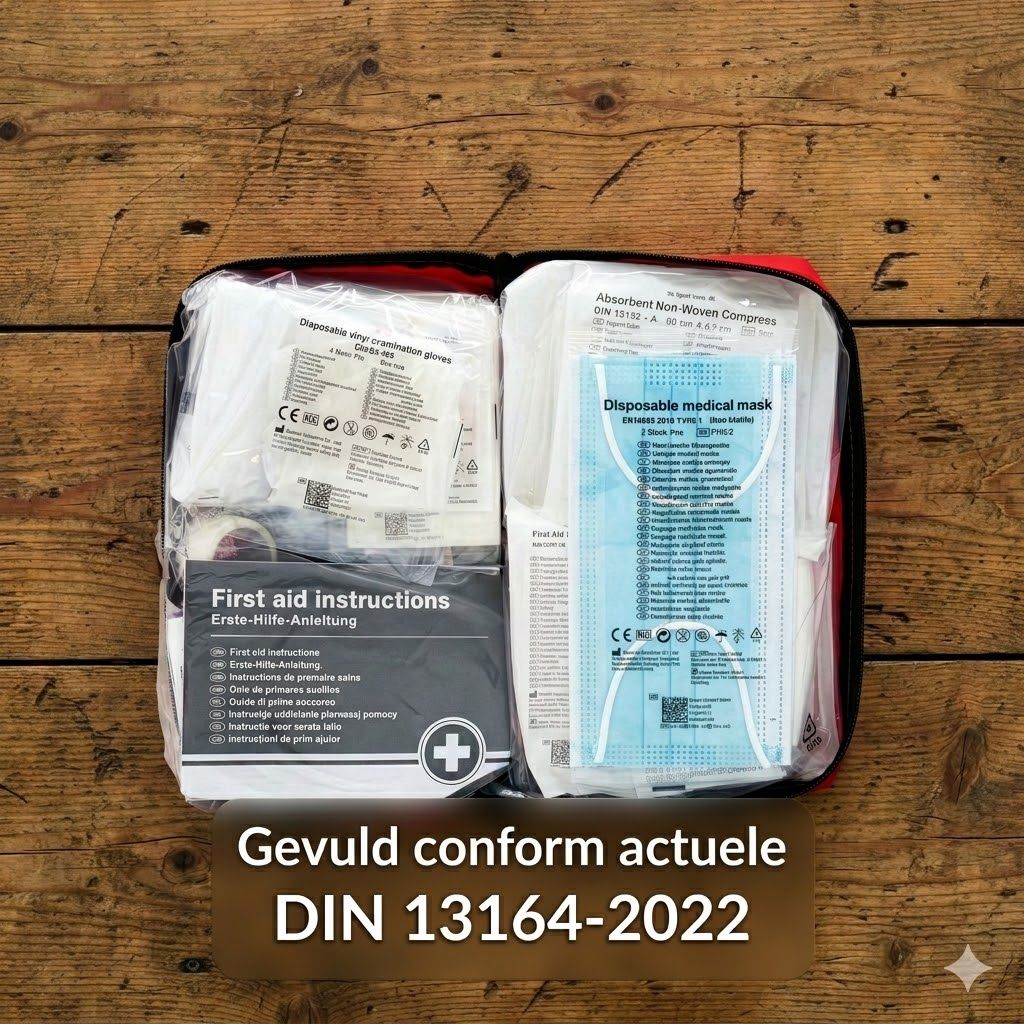 Rode EHBO-tas met opdruk en rits. Afmetingen: 220x130x60 mm. Gewicht: 0,38 kg. Groen kruis en autosymbool.