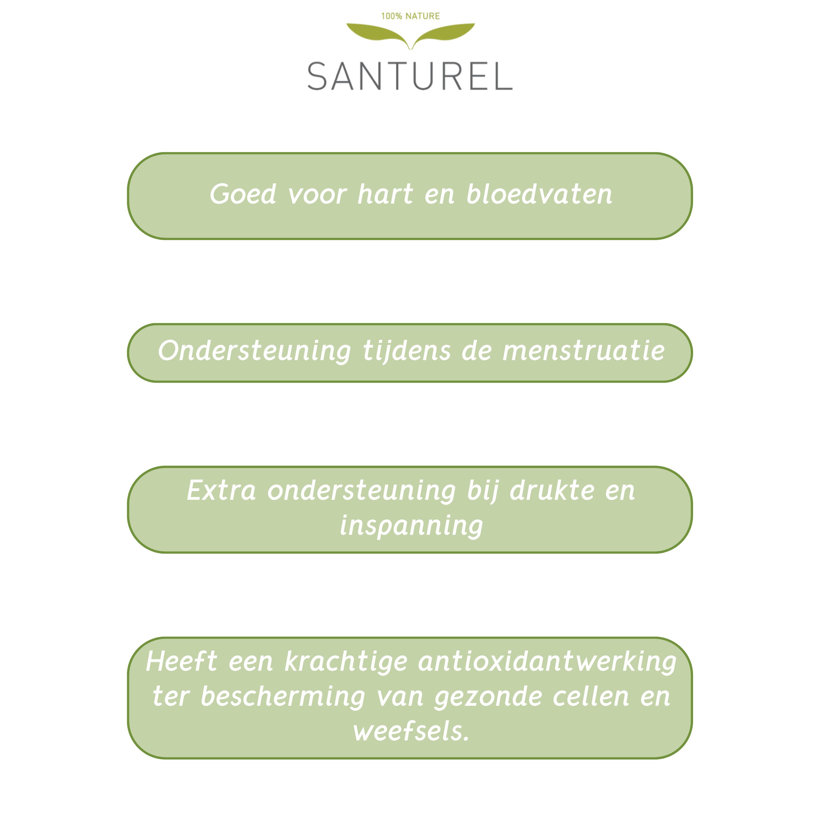 Tekstvakken met voordelen van Santurel Resvératrol Forte 200. Goed voor het hart, ondersteuning menstruatie, antioxidantwerking.
