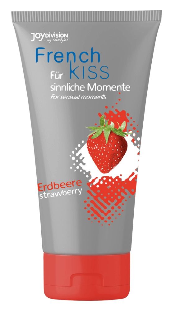 Grijze tube met rode dop. Opschrift: French Kiss, Erdbeere, Joydivision logo. Aardbei illustratie.