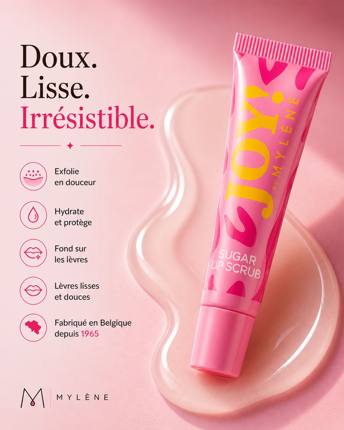 Tube Mylène JOY! Sugar Lip Scrub avec textes français sur l'exfoliation et l'hydratation.