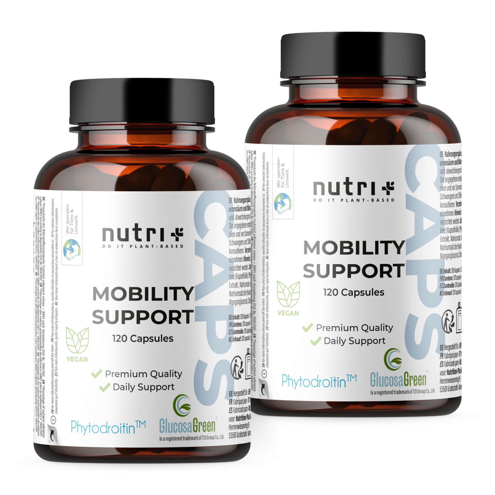 Twee flessen nutri+ Mobility Support capsules. Bruine glazen flessen met zwarte dop en wit etiket.