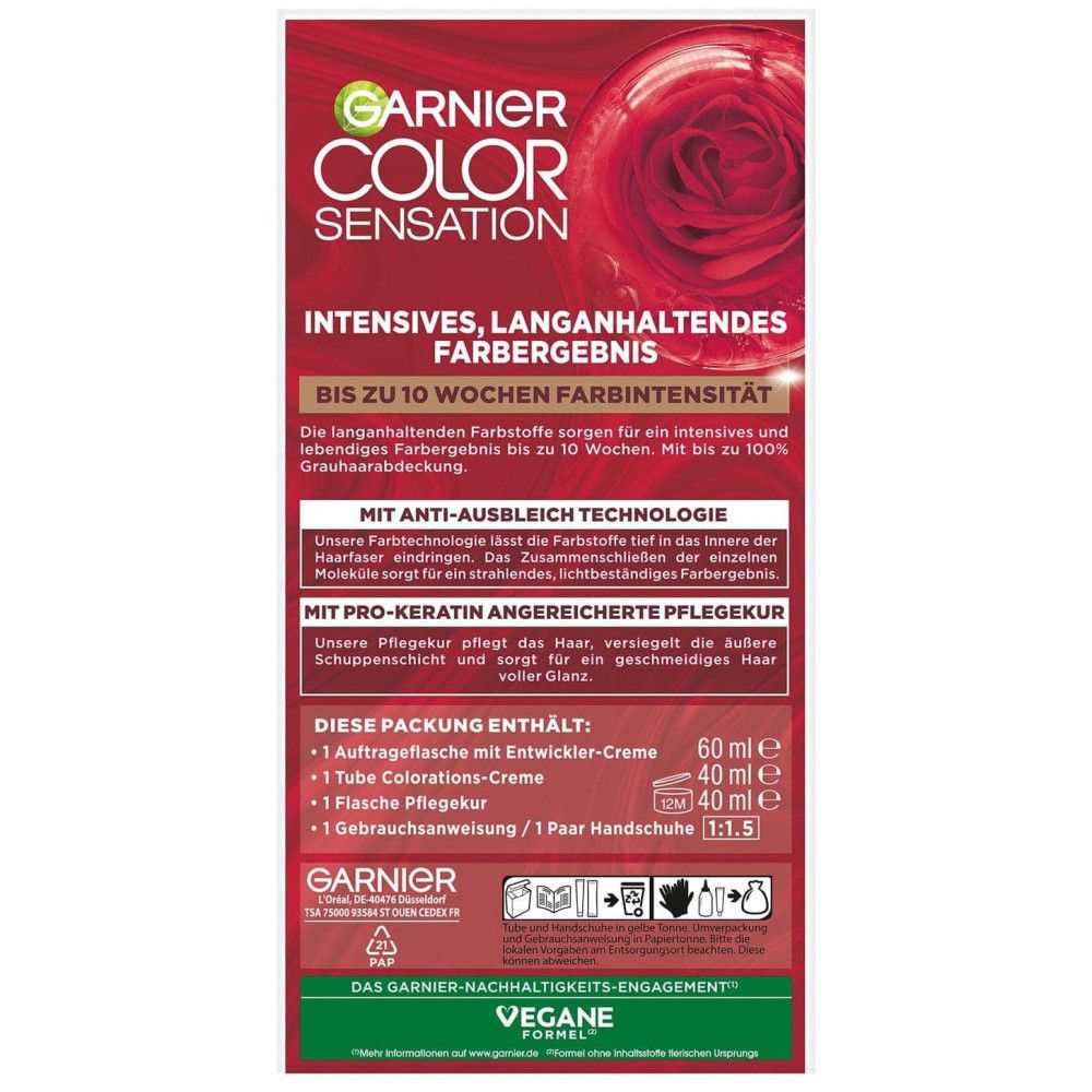 Boîte de coloration capillaire Garnier Color Sensation. Contient: flacon applicateur, crème révélatrice, crème colorante, soin, gants.