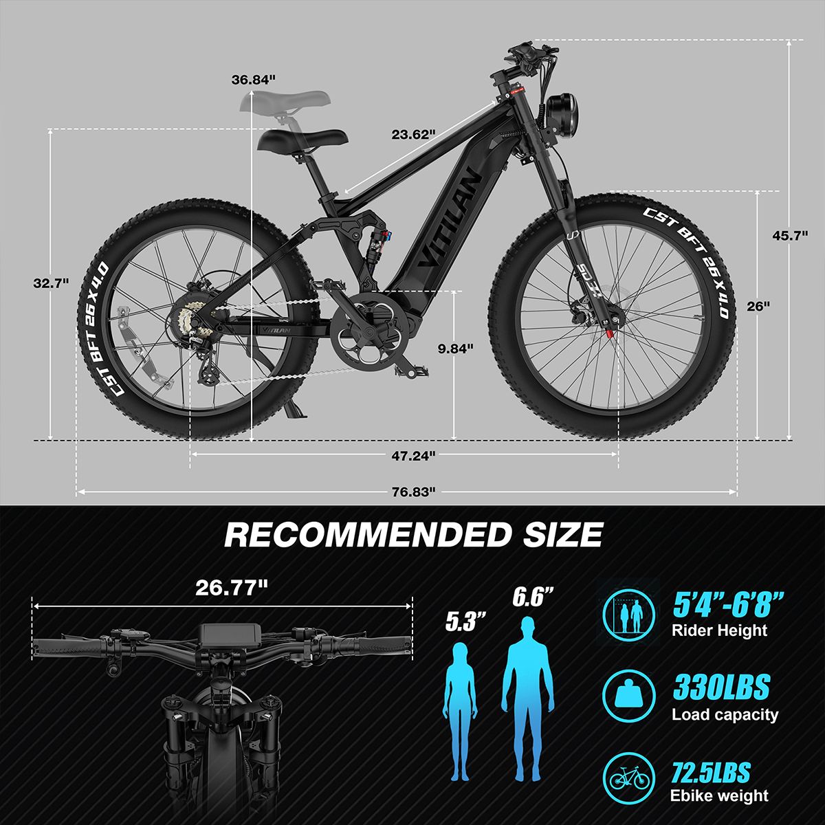 Vélo électrique avec dimensions. Taille recommandée: 5'4"-6'8". Capacité de charge 330lbs. Poids du vélo 72.5lbs. Largeur guidon 26.77".