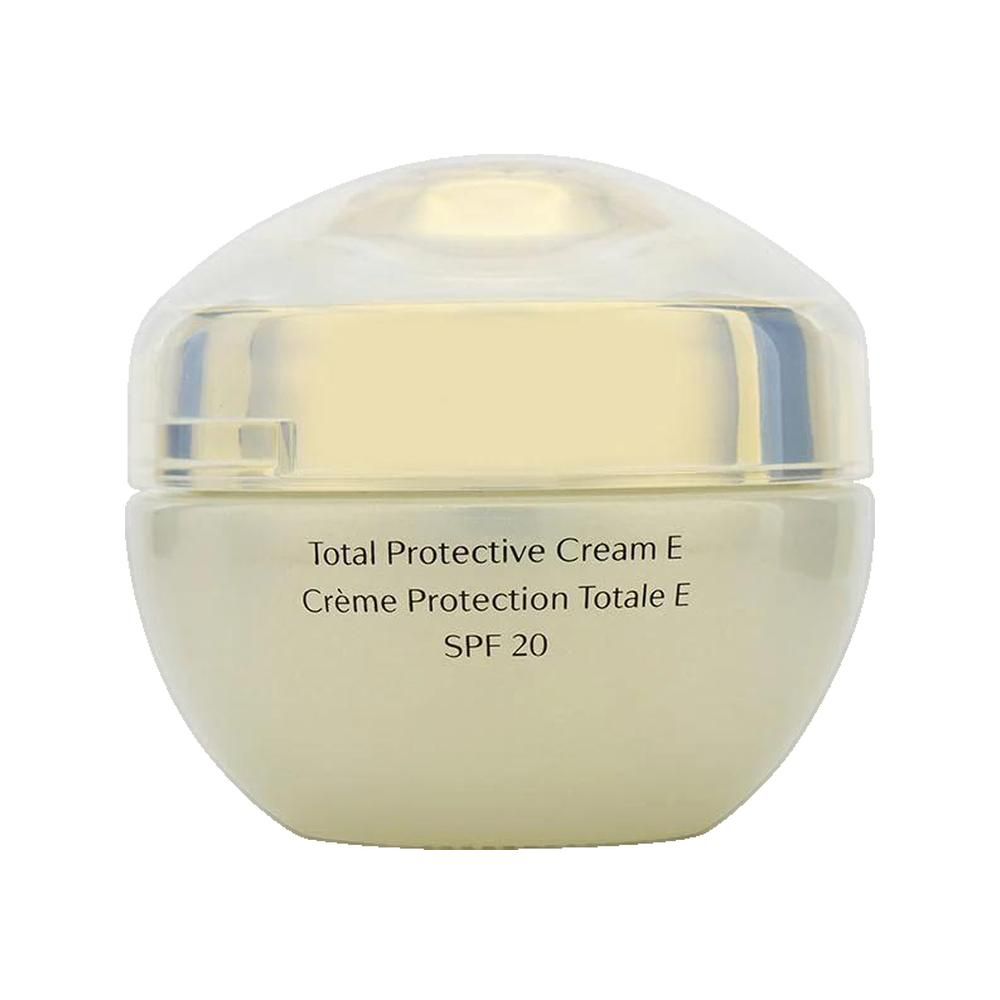 Pot de crème avec couvercle. Inscription : Total Protective Cream E, Crème Protection Totale E, SPF 20.