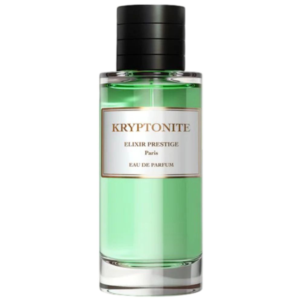Flacon en verre contenant un liquide vert. Bouchon noir. Étiquette blanche avec texte: Kryptonite, Elixir Prestige, Paris, Eau de Parfum.
