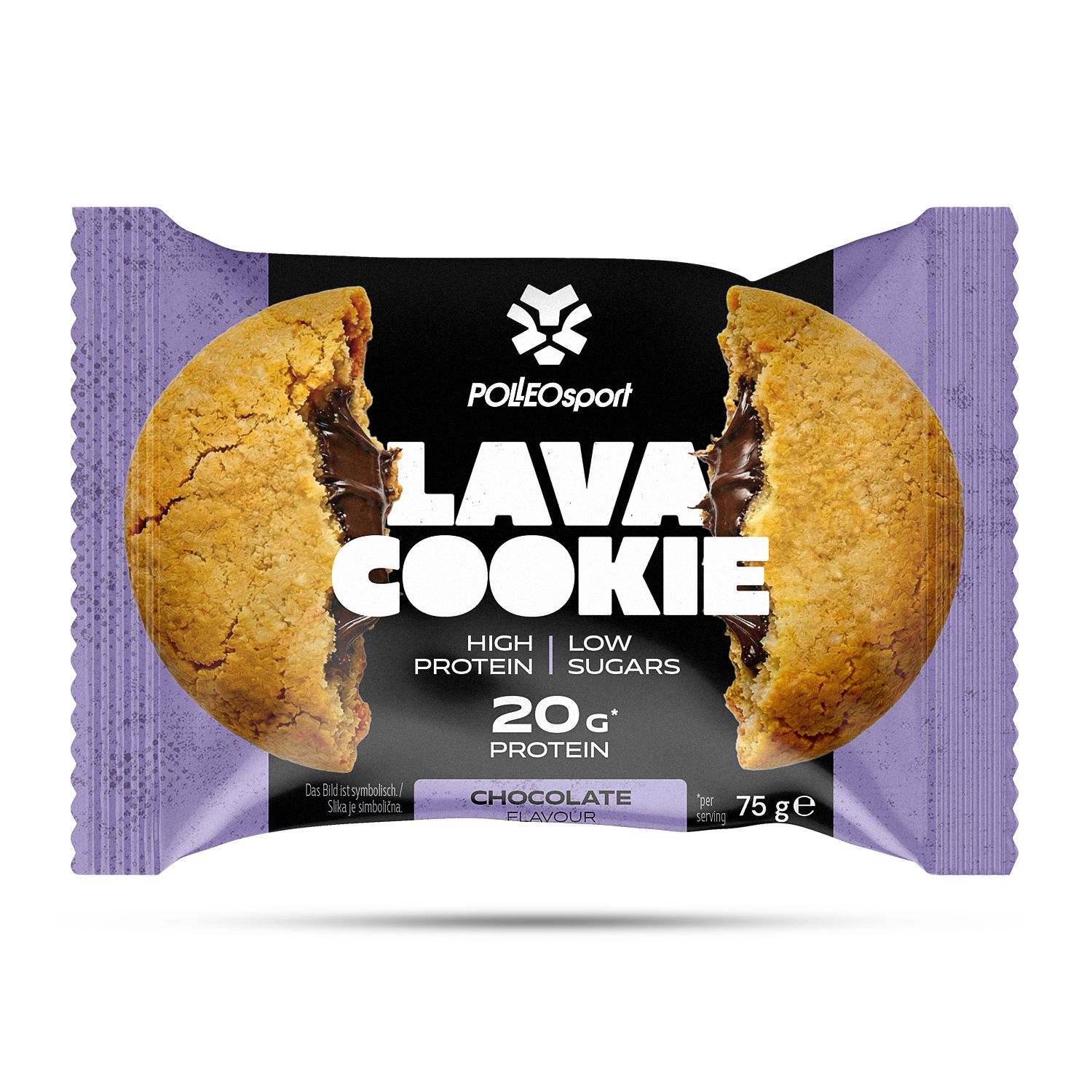 PolleoSport Lava Cookie emballé individuellement. Biscuit ouvert avec garniture au chocolat. Inscription : Lava Cookie, 20g protéines, Chocolate Flavour.