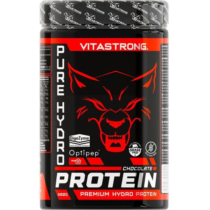 Zwarte pot Vitastrong Pure Hydro Protein Chocolade. Rode wolfskop. Opschrift: Eiwit, 750g.