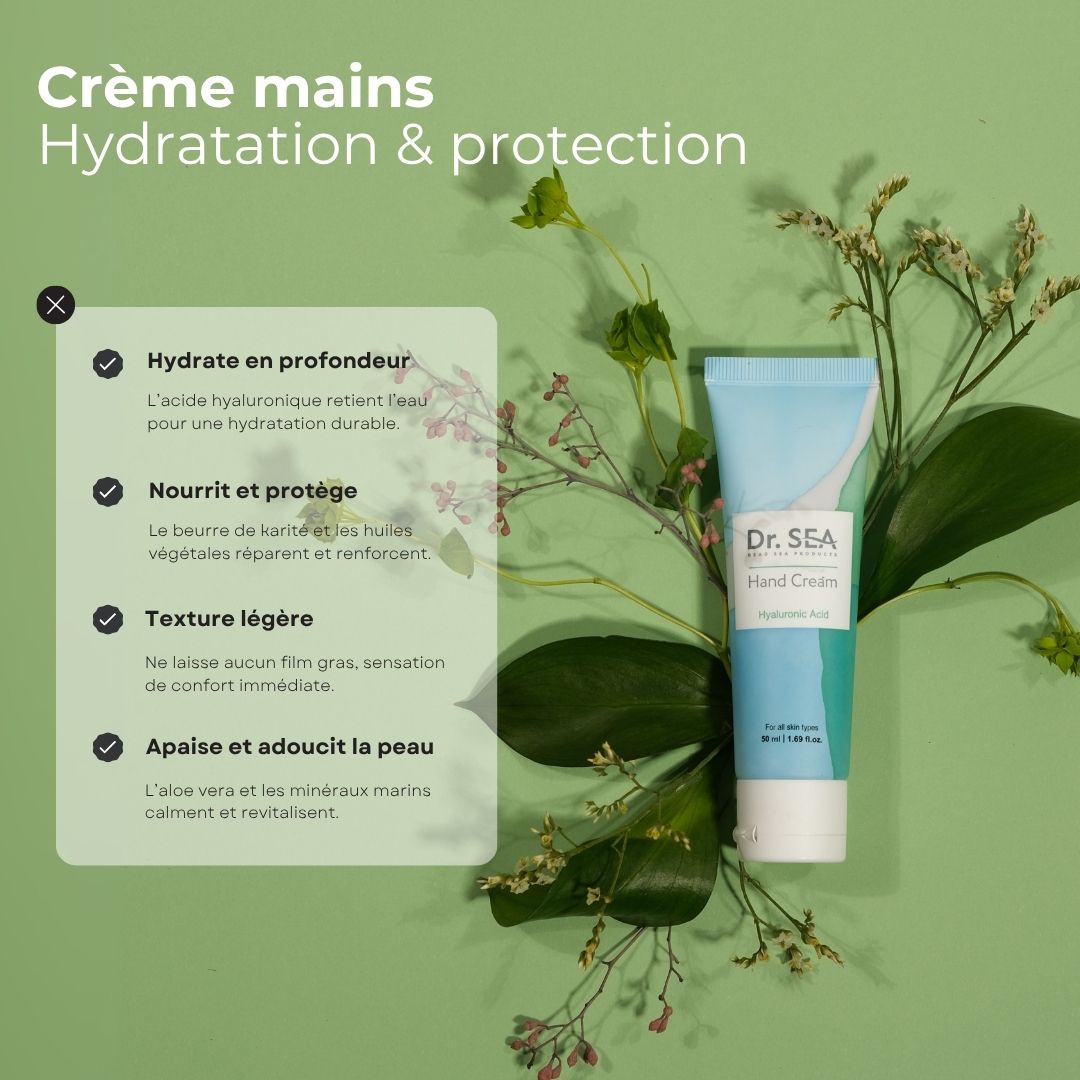 Tube de crème pour les mains avec texte. Texte : Crème mains, Hydratation & protection. Fond vert.