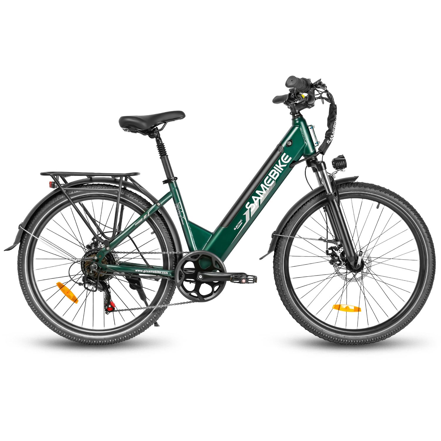 Vélo électrique vert. Marque SAMEBIKE. Pneus noirs, porte-bagages, phare. Batterie 36V 15Ah.