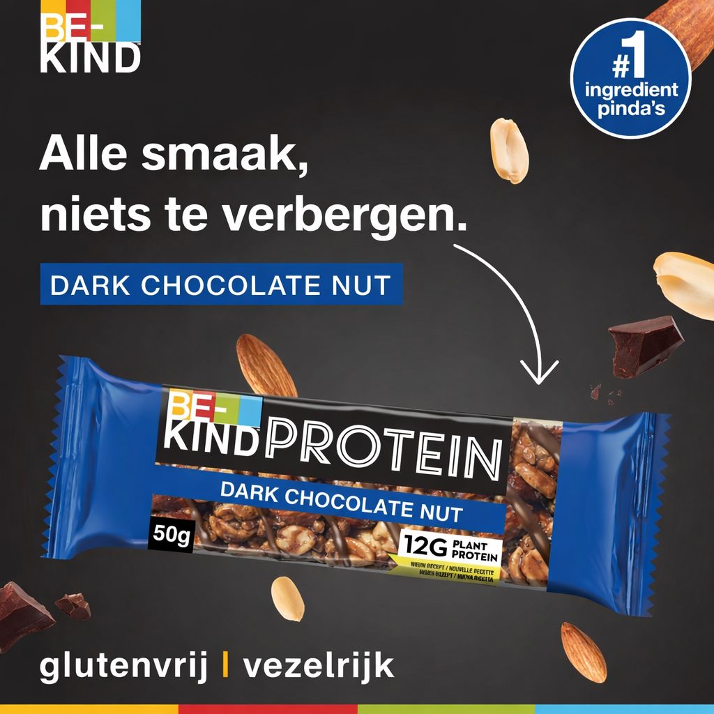 Reep met pure chocolade en noten. Blauwe verpakking met logo en tekst. Pinda's, amandelen en stukjes chocolade.