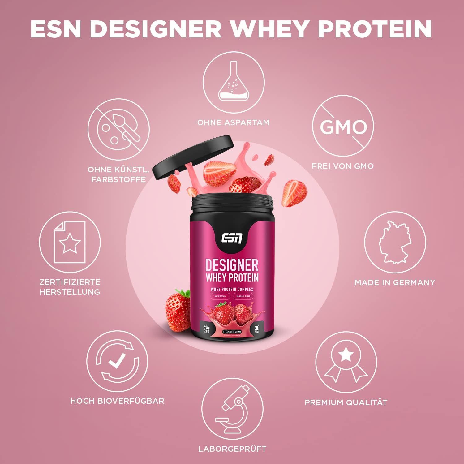 ESN Designer Whey Protein, Aardbei Crème. Product met iconen: zonder aspartaam, GMO-vrij, gecertificeerde productie, premium kwaliteit.