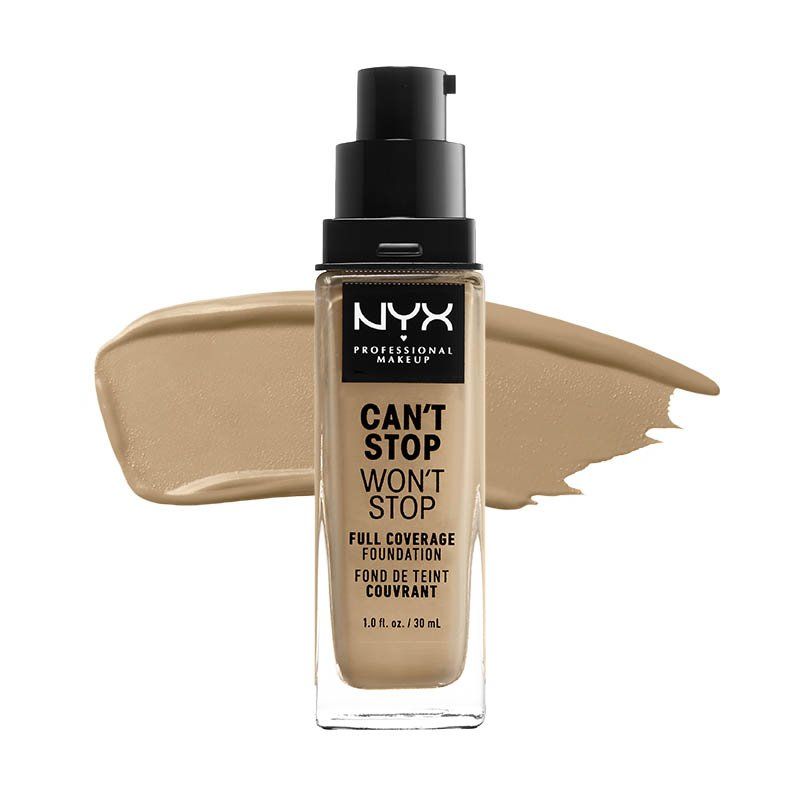 Flacon de fond de teint NYX Can't Stop Won't Stop avec pompe et traînée de maquillage beige.