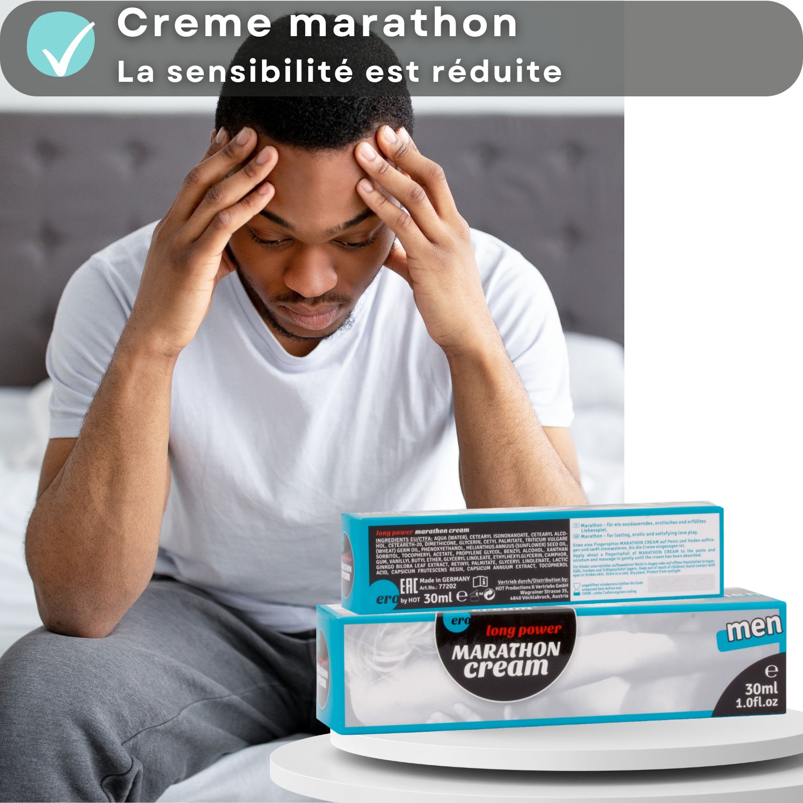Couple au lit. À côté du tube et de la boîte. Inscription: Marathon Cream. Marque: ero. 30ml.