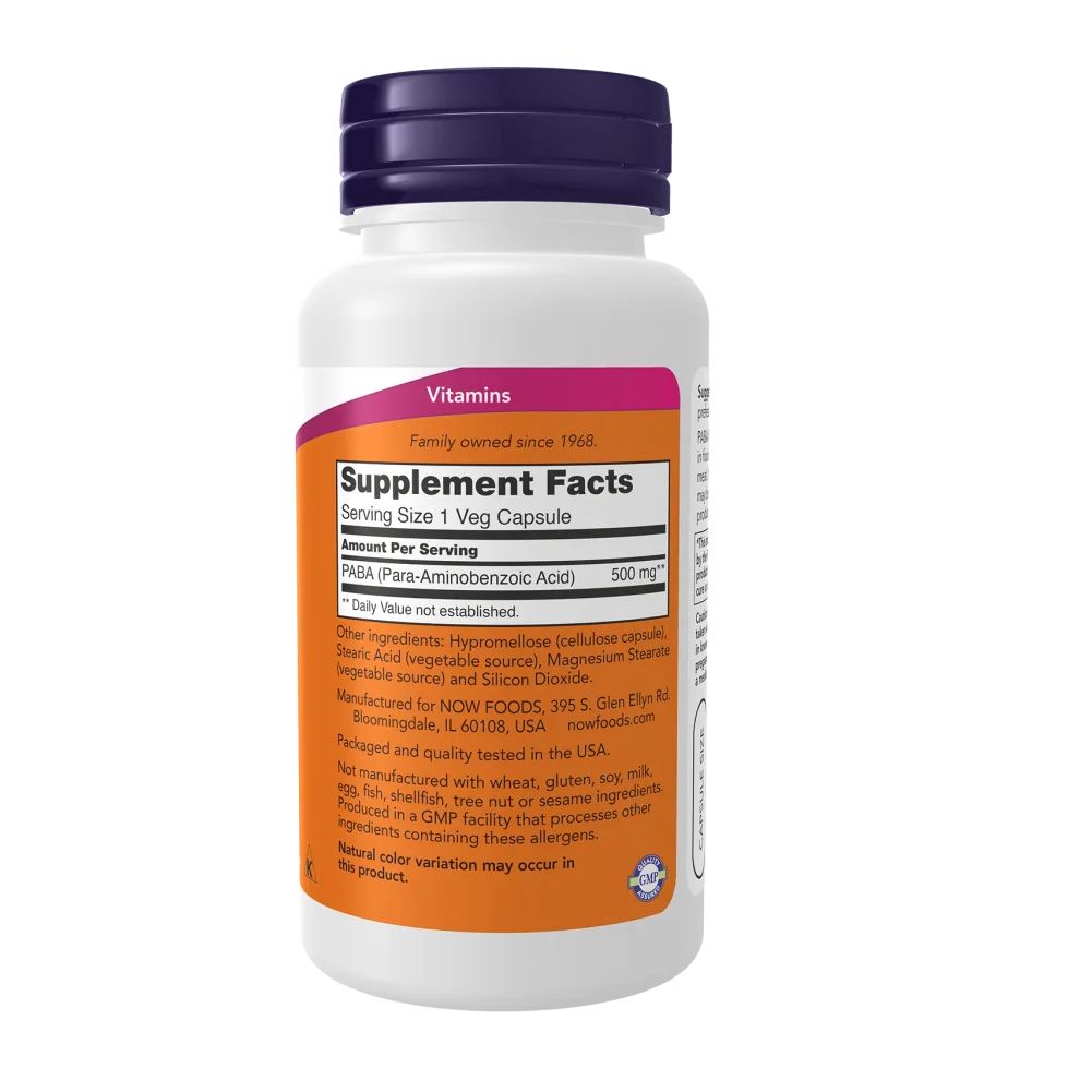 Dos de la bouteille blanche. Étiquette avec informations nutritionnelles. Texte: PABA (Para-aminobenzoïque) 500 mg. Ingrédients, fabriqué aux États-Unis.