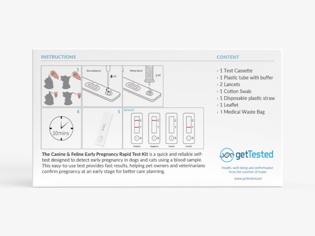 Boîte du test de grossesse précoce GetTested. Contient cassette, tube, lancettes, coton-tige, paille, notice et sac poubelle.