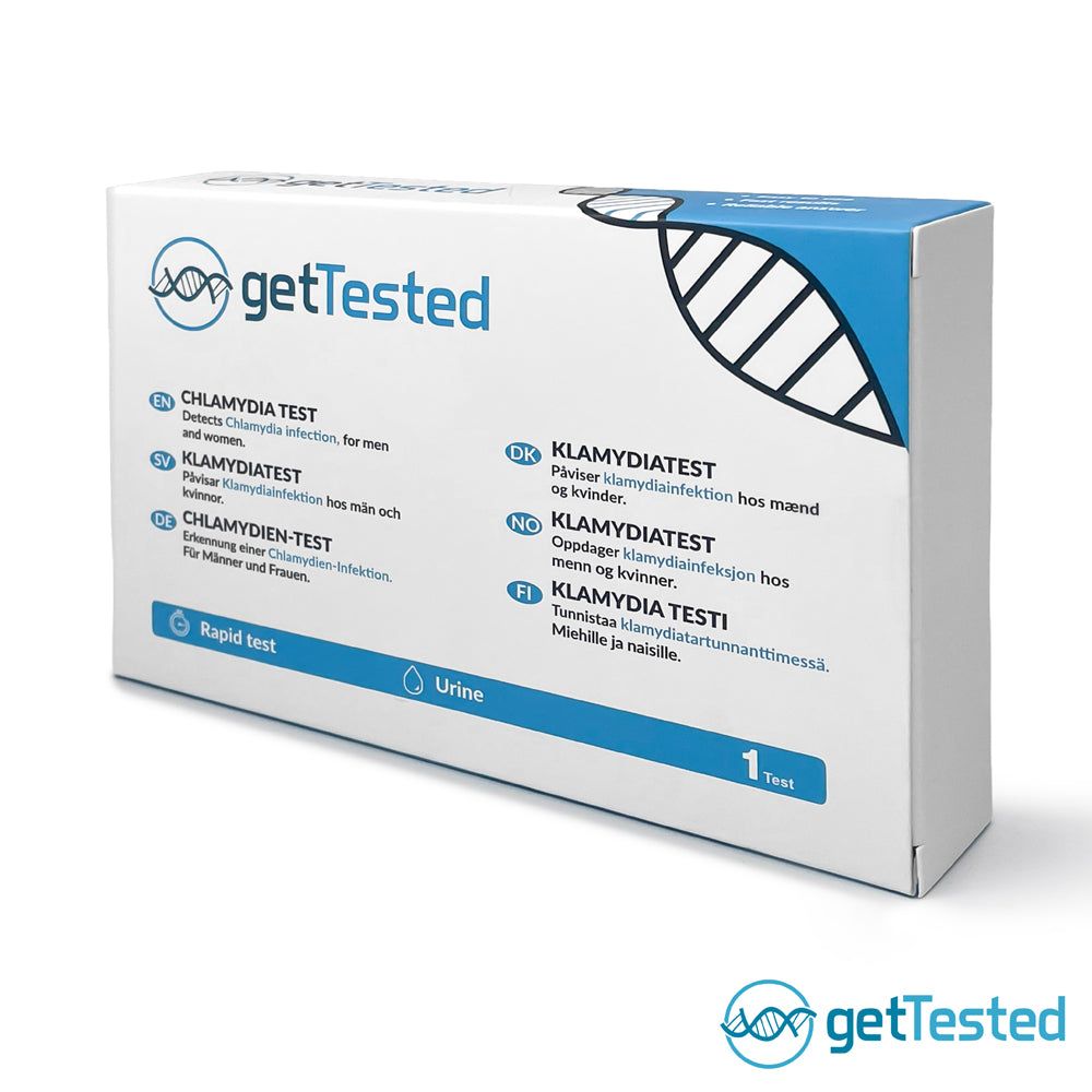 GetTested Chlamydia testdoos. Detecteert infectie bij mannen en vrouwen. Blauw-witte verpakking met logo en productnaam.