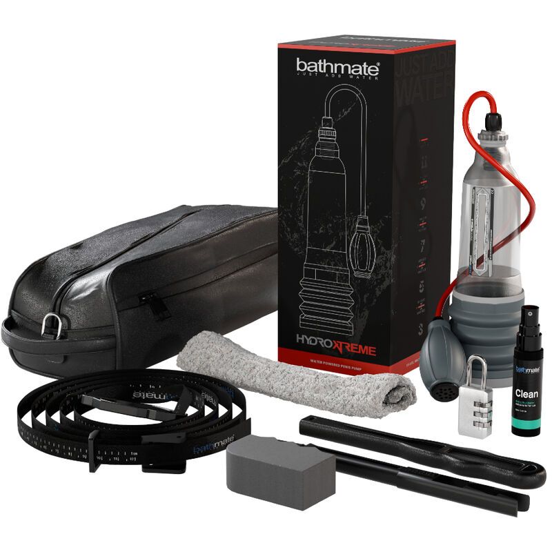 Ensemble Bathmate HydroXtreme avec pompe, sac, ruban de mesure, nettoyant et accessoires.