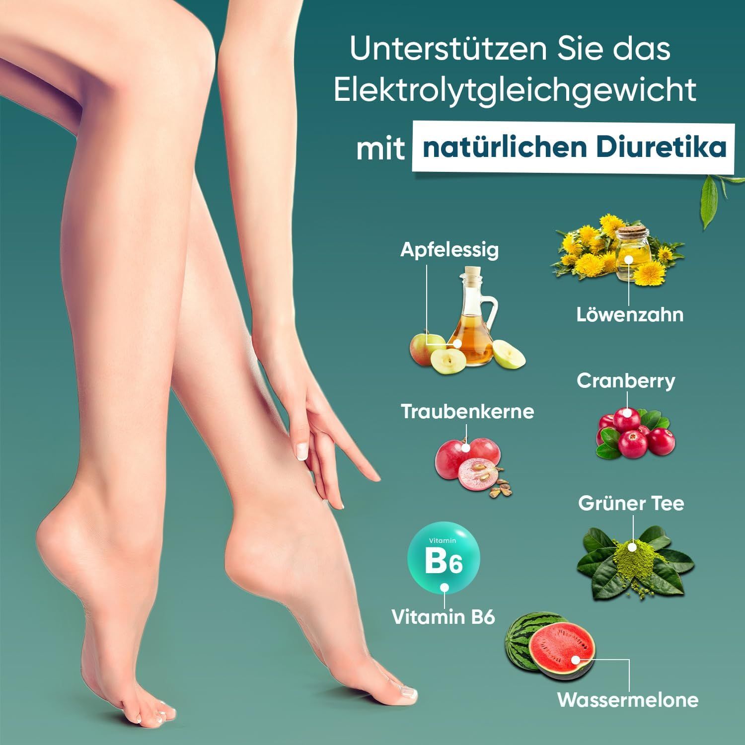 Jambes et pieds. Vinaigre de cidre, pissenlit, pépins de raisin, canneberge, thé vert, pastèque, vitamine B6.