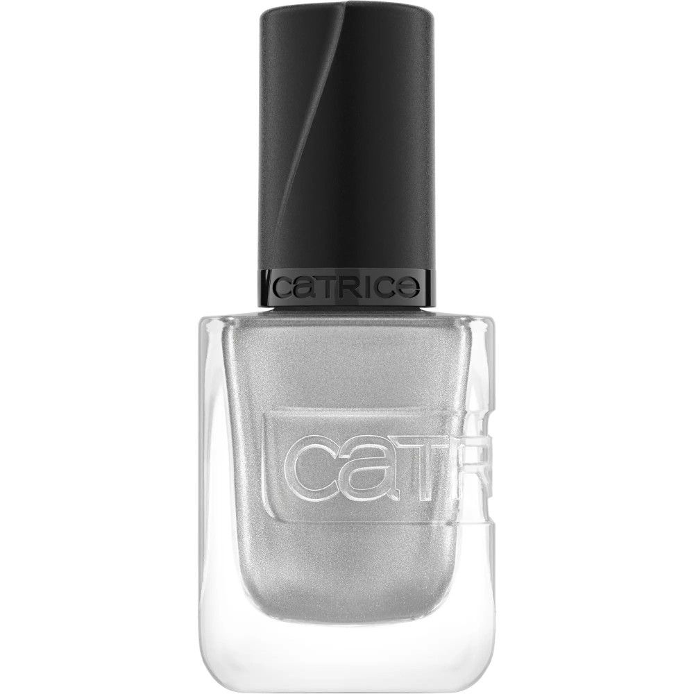 Flacon de vernis à ongles avec bouchon noir. Vernis argenté. Marque Catrice.