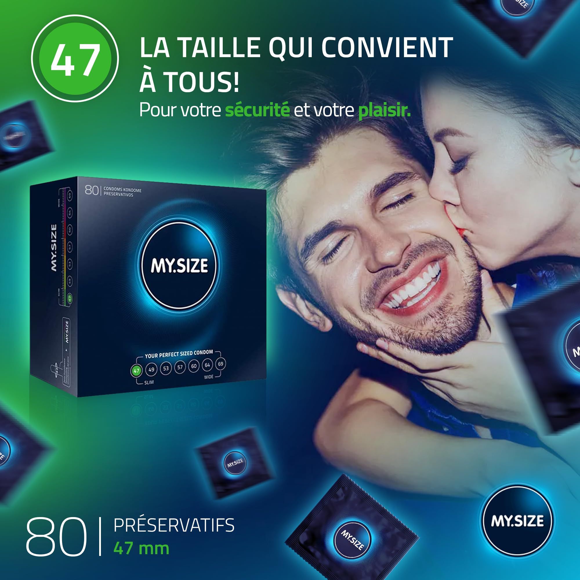 Un préservatif MY.SIZE bleu en latex de caoutchouc naturel, 0,07mm d'épaisseur, inodore et vegan.