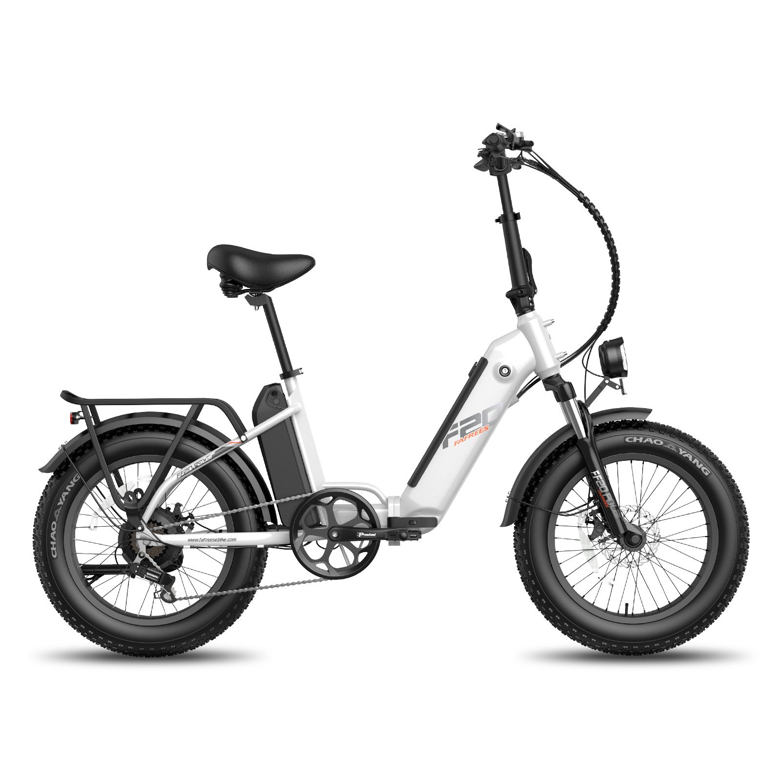 Vélo électrique pliable blanc. Pneus noirs, porte-bagages. Logo F20 visible. Selle et guidon noirs.