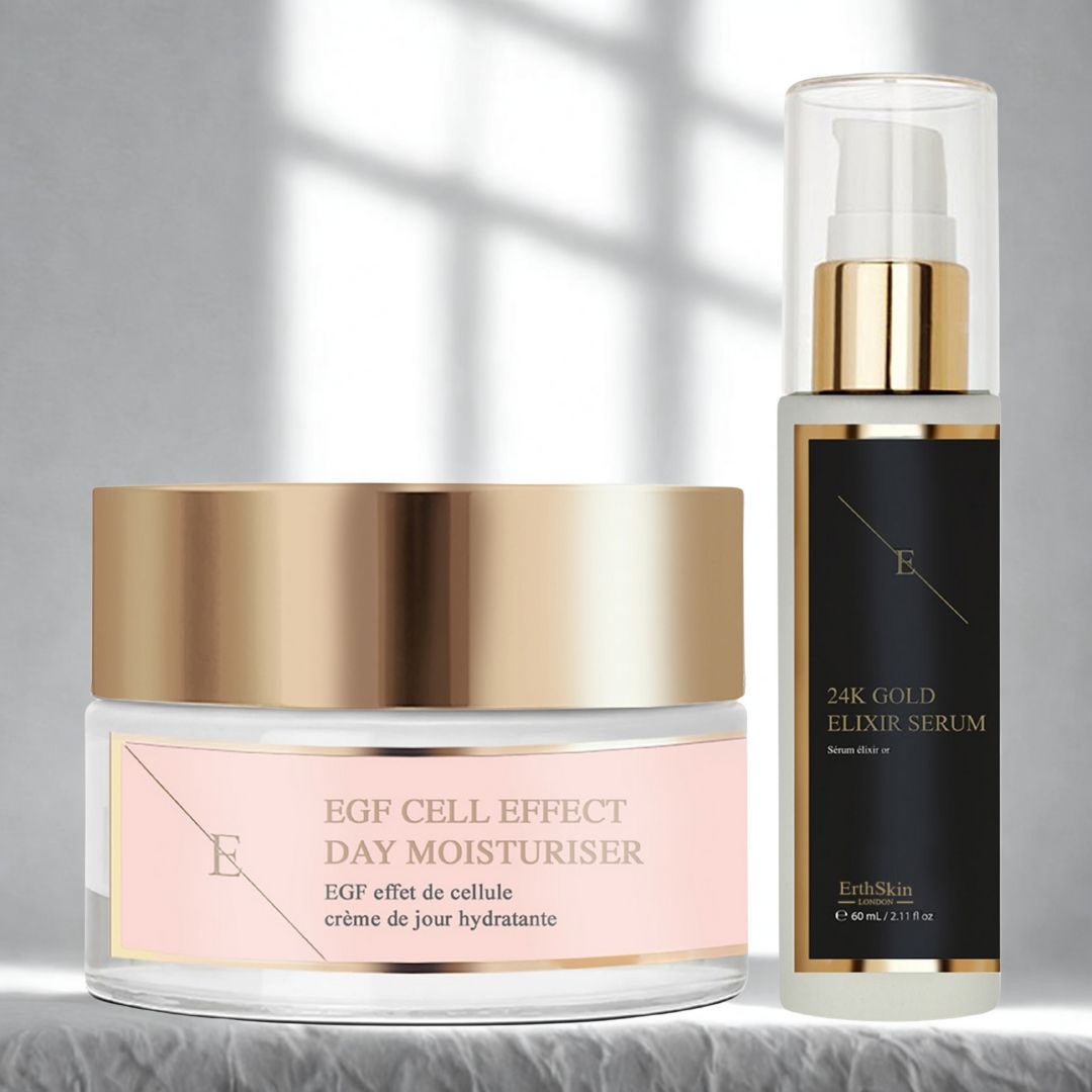 Crème hydratante de jour et sérum. Crème avec couvercle doré et étiquette rose. Sérum avec étiquette noire et couvercle doré.