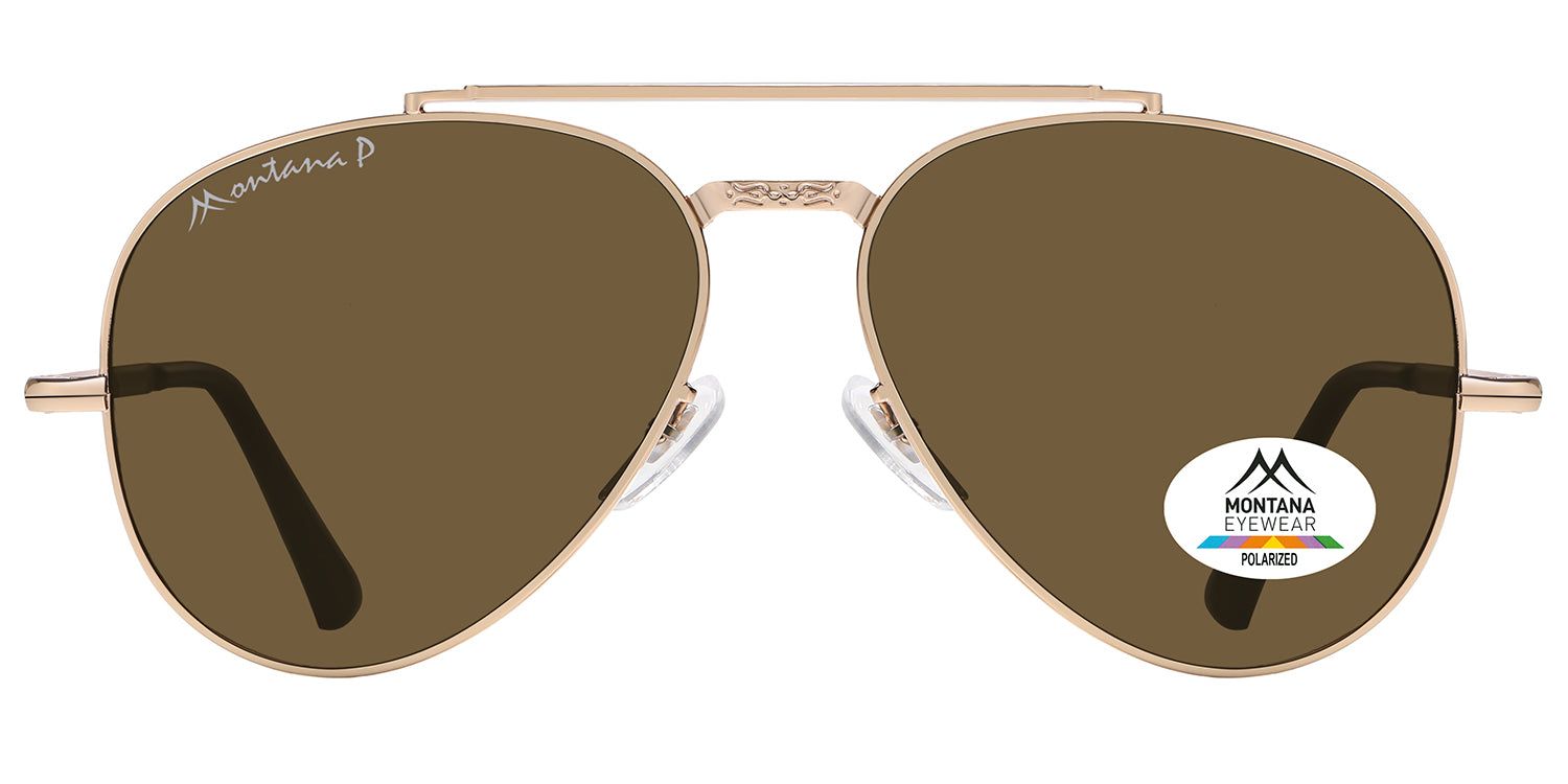 Lunettes de soleil dorées avec verres bruns. Logo Montana Eyewear sur le verre. Verres polarisés. Forme aviateur.