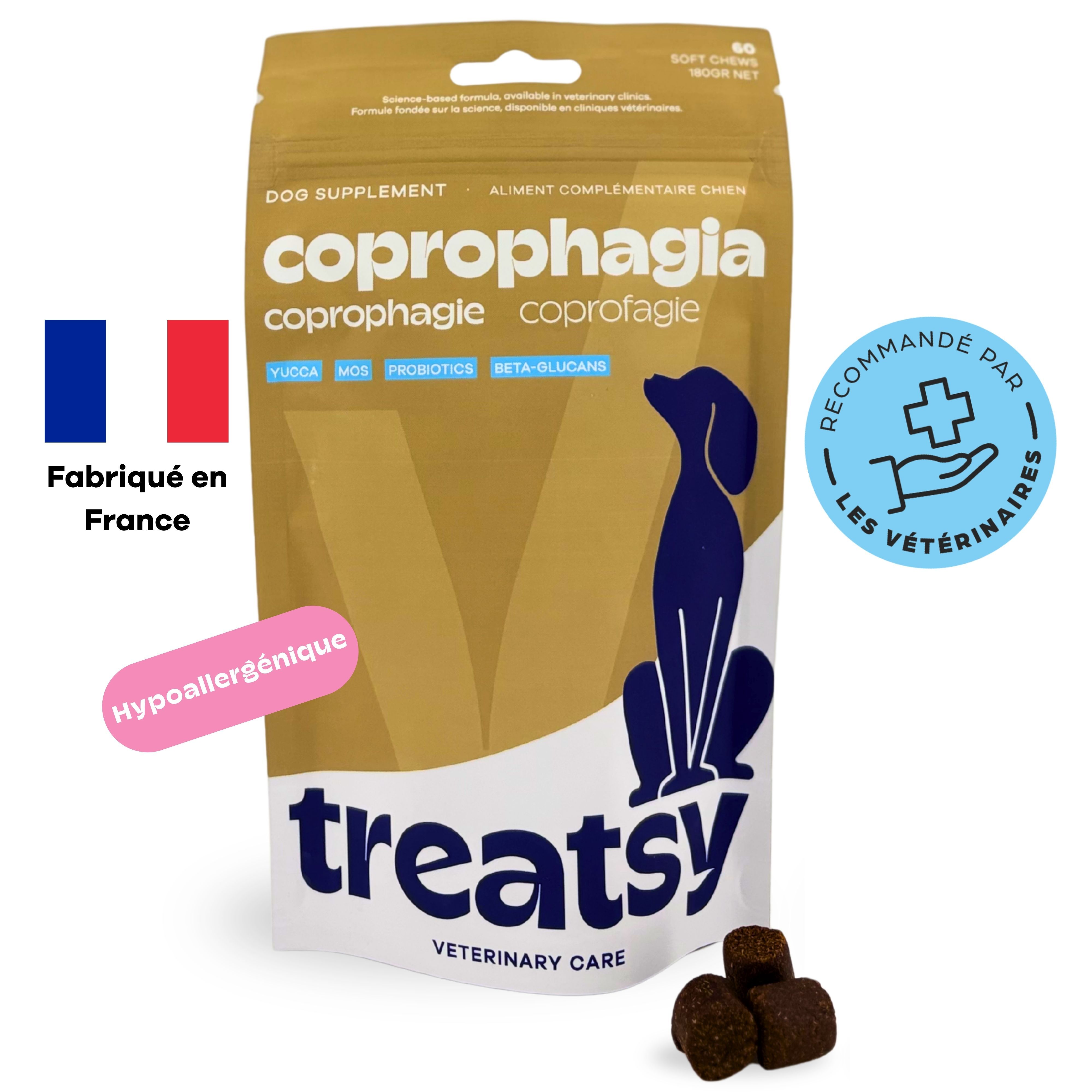 Sachet de complément alimentaire. Inscription : Coprophagia. Marque : Treatsy. Avec 'Fabriqué en France'.