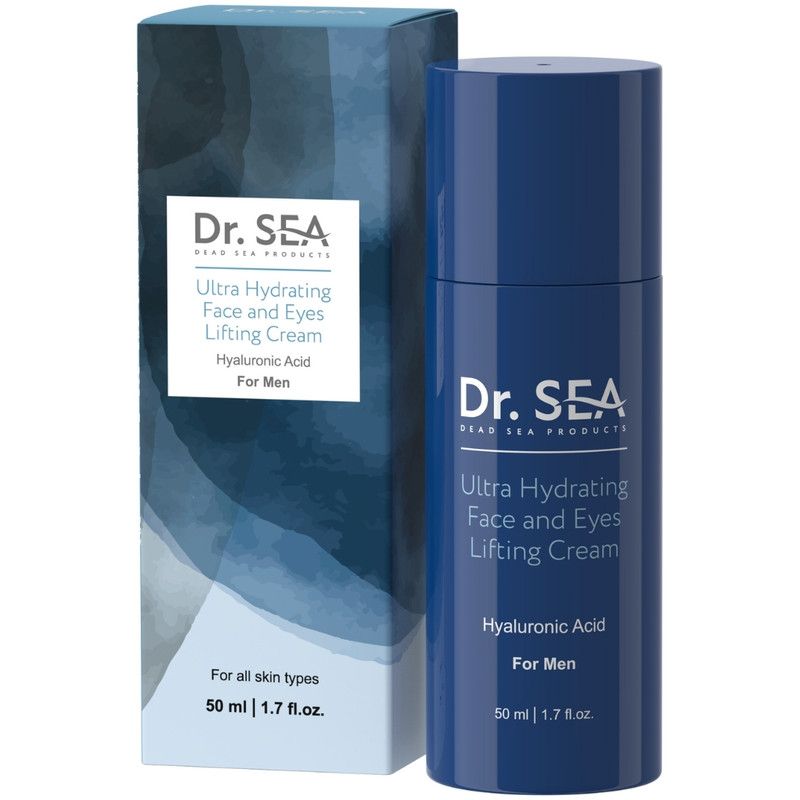 Tube et boîte bleues. Inscription : Dr. SEA, Ultra Hydrating Face and Eyes Lifting Cream, Acide Hyaluronique, For Men.