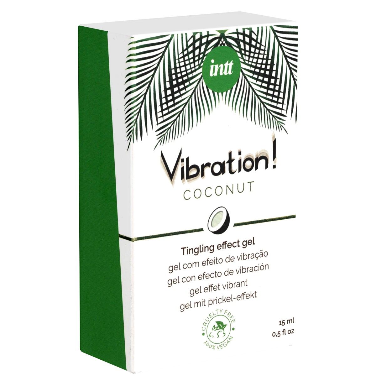 Emballage du produit. Inscription: Vibration! Coconut, Tingling effect gel. Emballage vert et blanc avec symbole noix de coco. Texte multilingue.