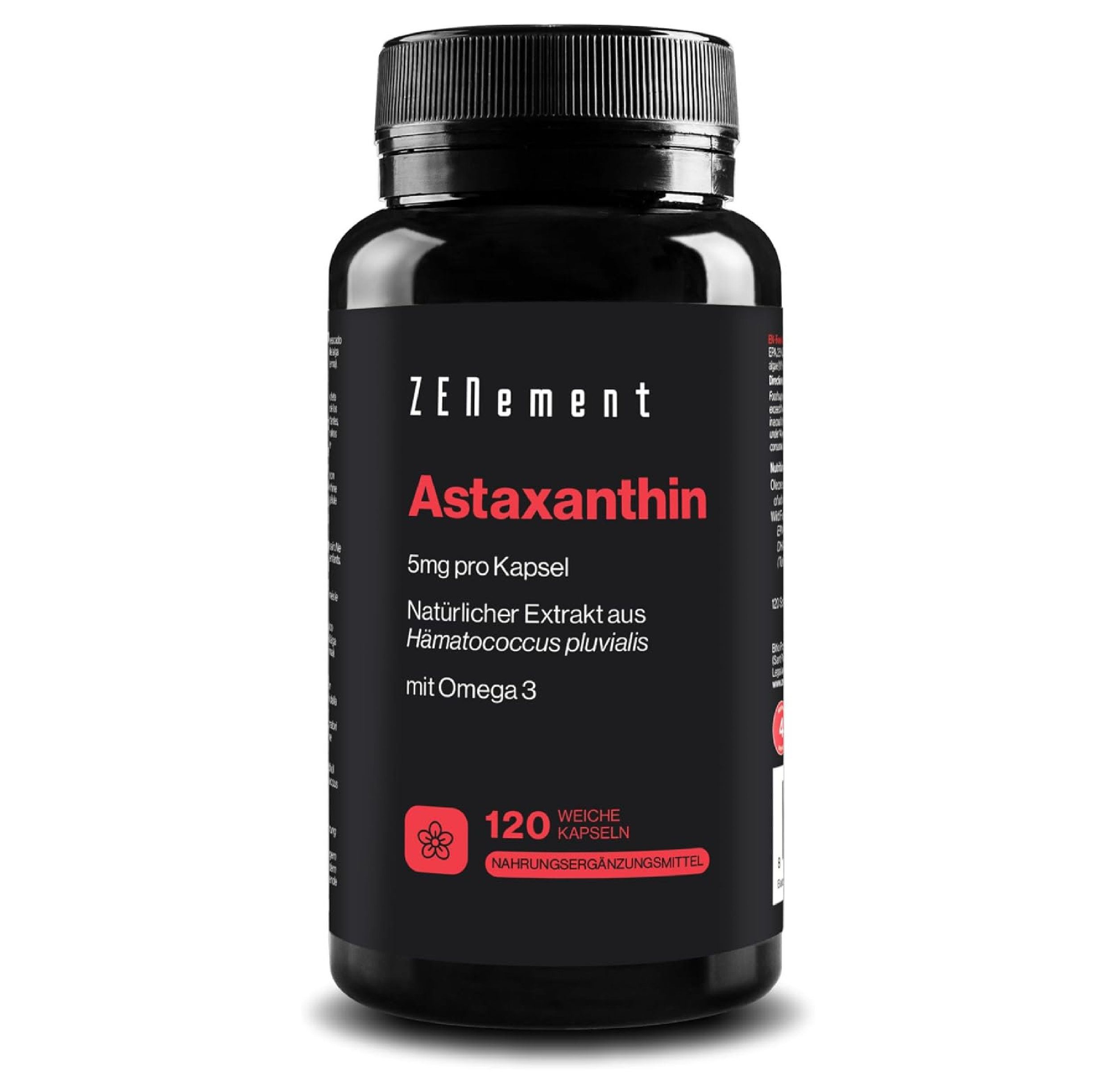Zwarte fles met rode tekst. Tekst: Zenement Astaxanthine, 5mg per capsule. Natuurlijk extract van Haematococcus pluvialis met Omega 3. 120 zachte capsules.