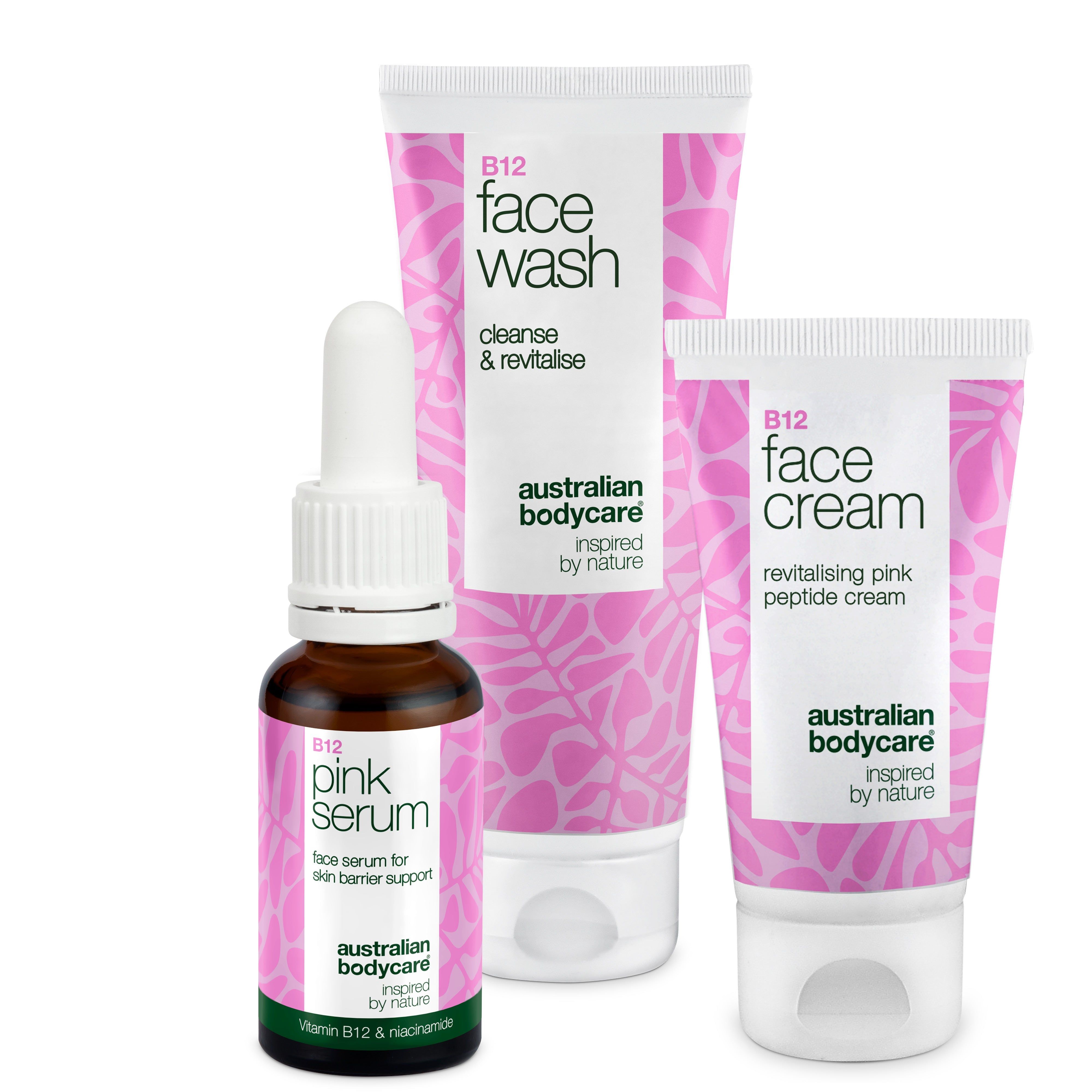 Ensemble de soins de la peau. Face Wash, Face Cream et Pink Serum. Emballages roses et blancs. Marque: Australian Bodycare.