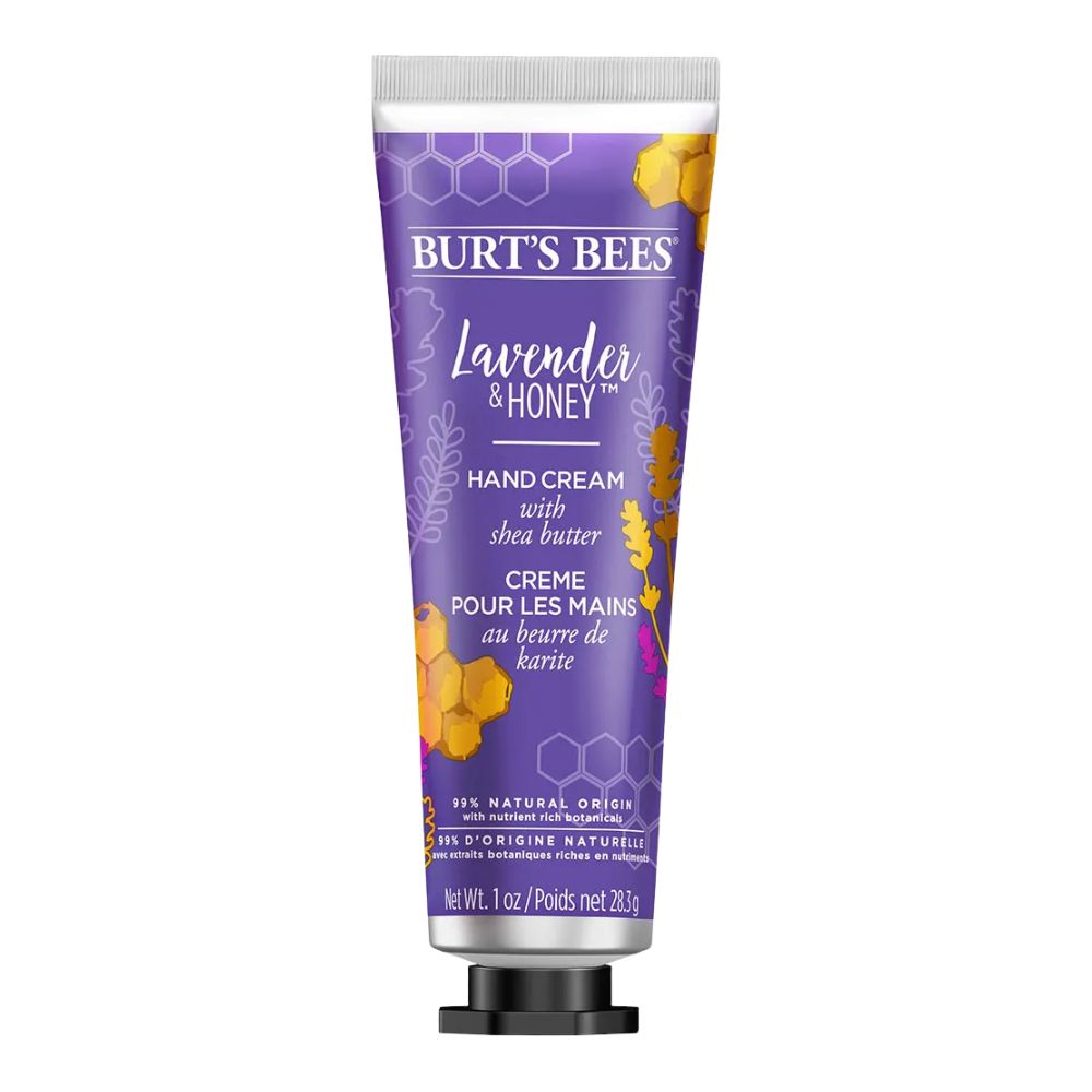 Handcrèmetube, paars, met productnaam: Burt's Bees Lavender & Honey. Tekst: Handcrème met sheaboter.