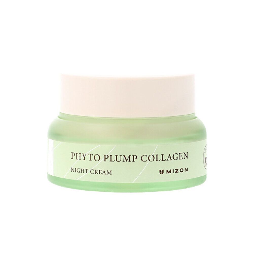 Groene glazen pot met beige deksel. Opschrift: Phyto Plump Collagen Night Cream. Merk: Mizon.