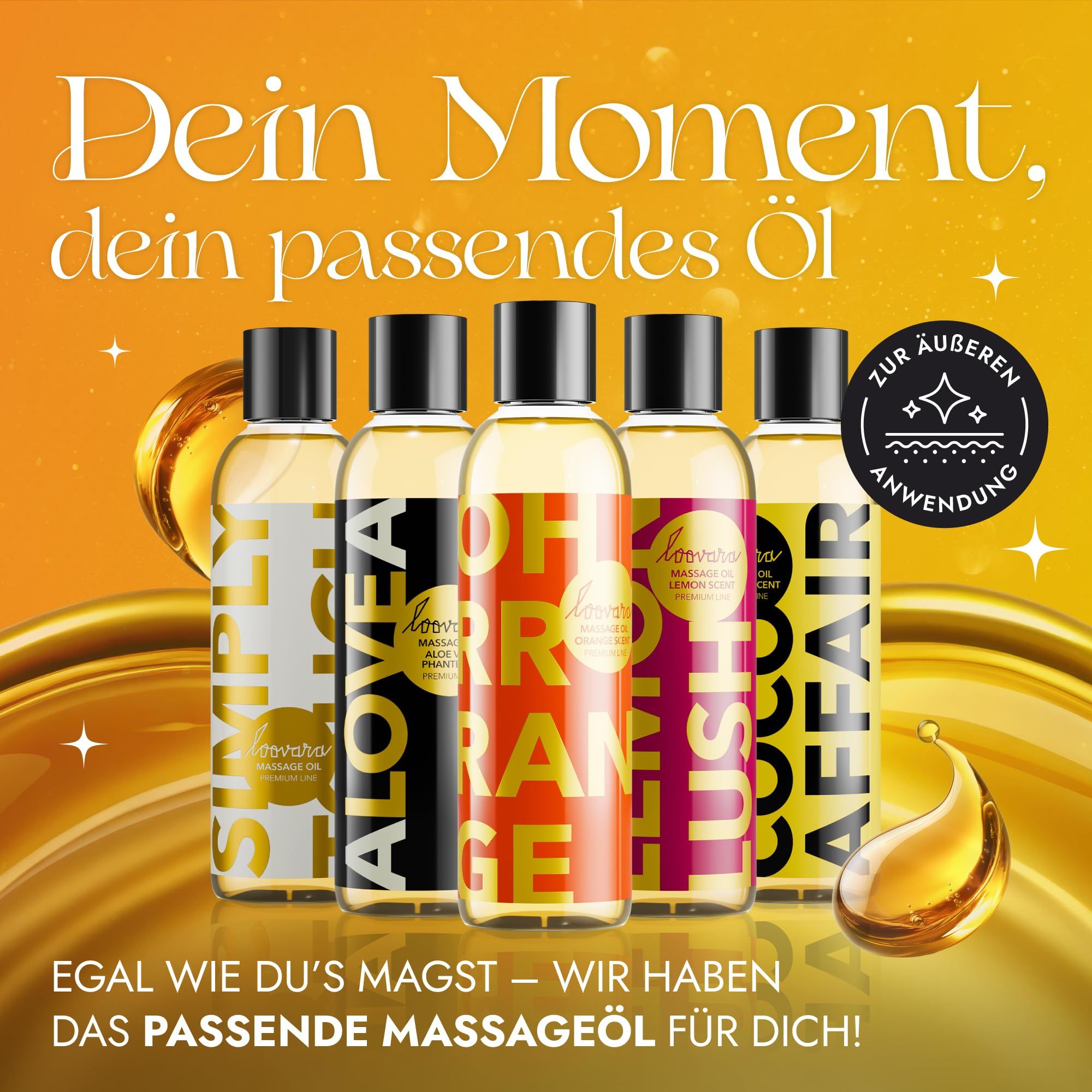 Vijf flessen massageolie met verschillende geuren en kleuren.