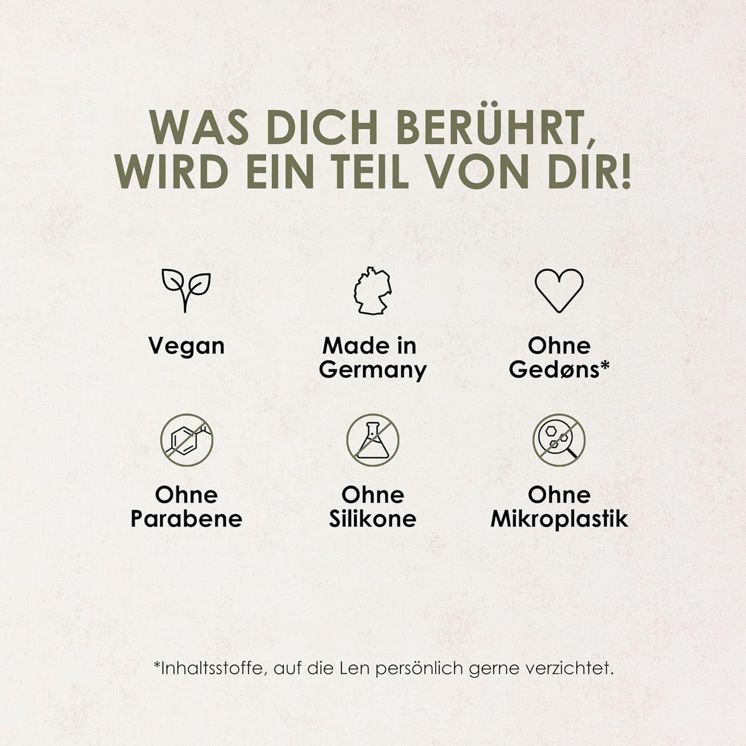Icônes: Vegan, Fabriqué en Allemagne, Sans Gedøns, Sans parabènes, Sans silicones, Sans microplastiques.