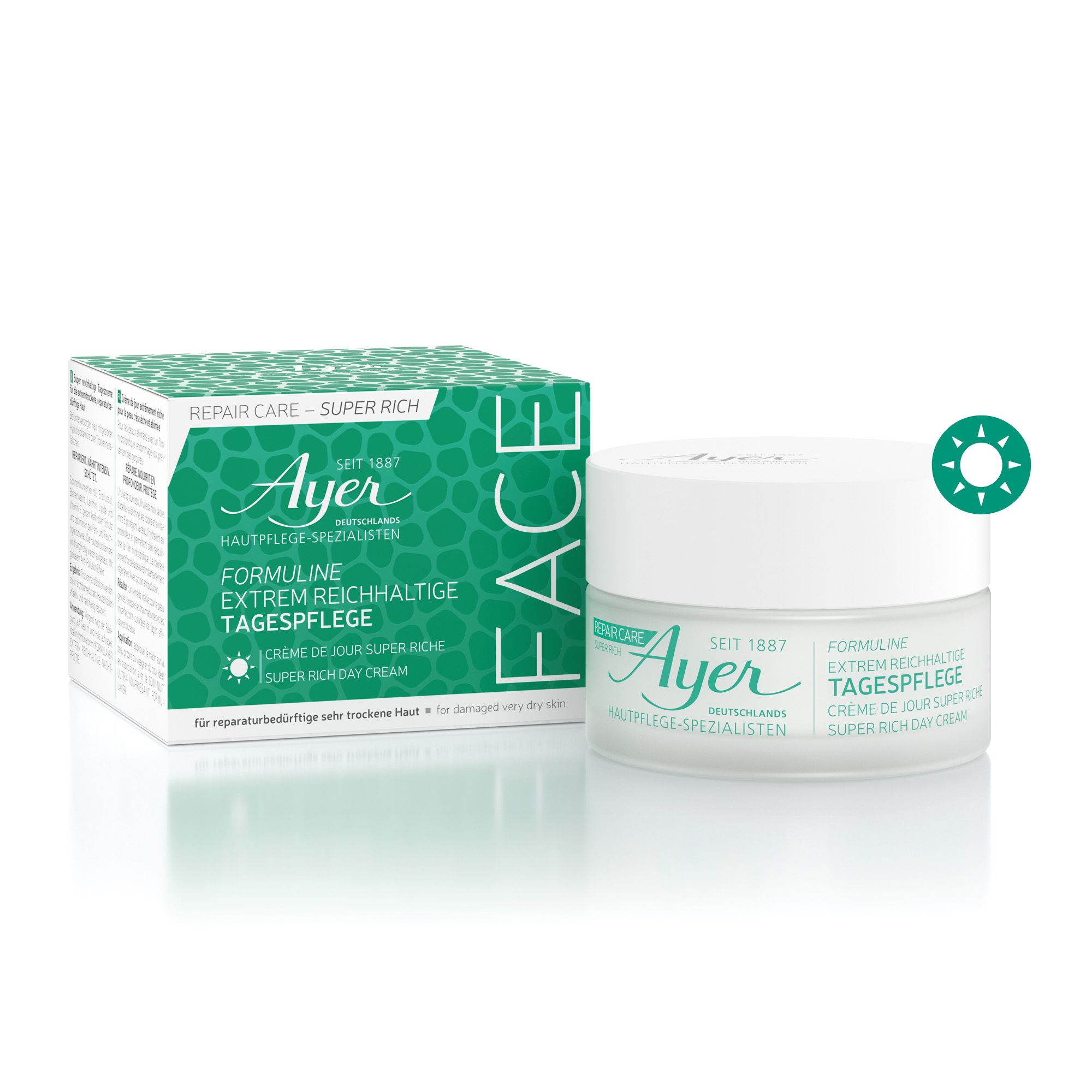 Ayer Harriet Hubbard Repair Care Formuline Super Rich Day Cream. Pot en doos. Groen-wit ontwerp. Tekst: Formuline, super rijke dagcrème.