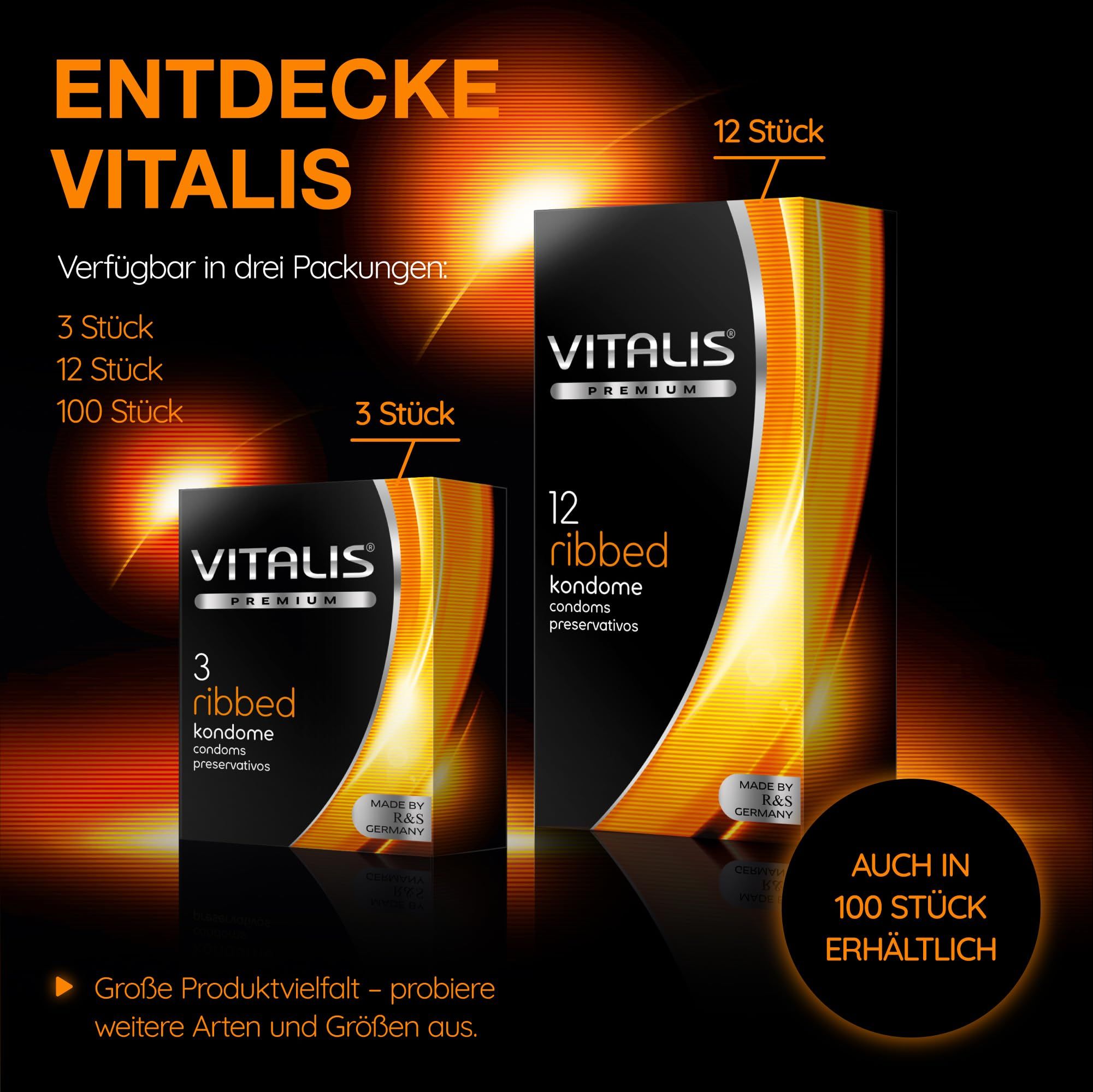 Préservatifs Vitalis : Emballages de 3, 12 et 100 pièces. Également disponible en lot de 100.