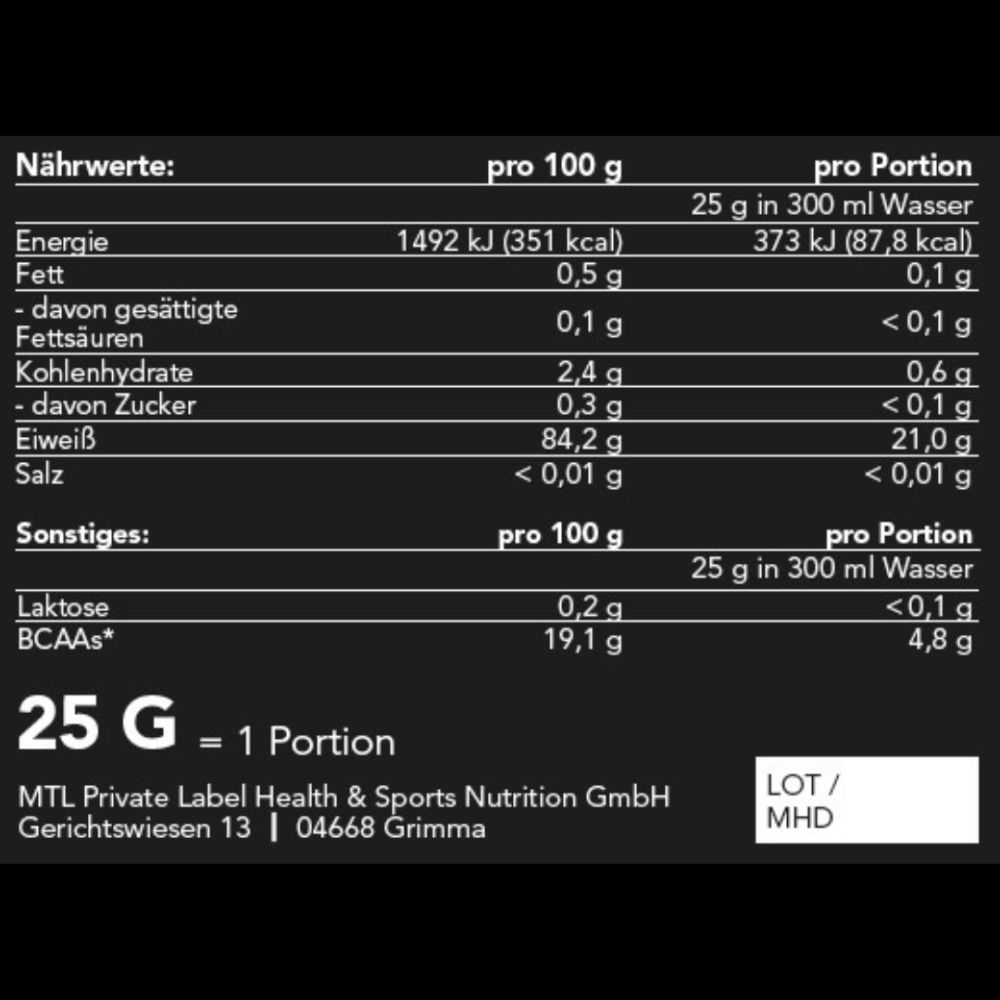 Voedingstabel. Informatie per 100g en per portie. Bevat informatie over energie, vet, koolhydraten, eiwit en zout.