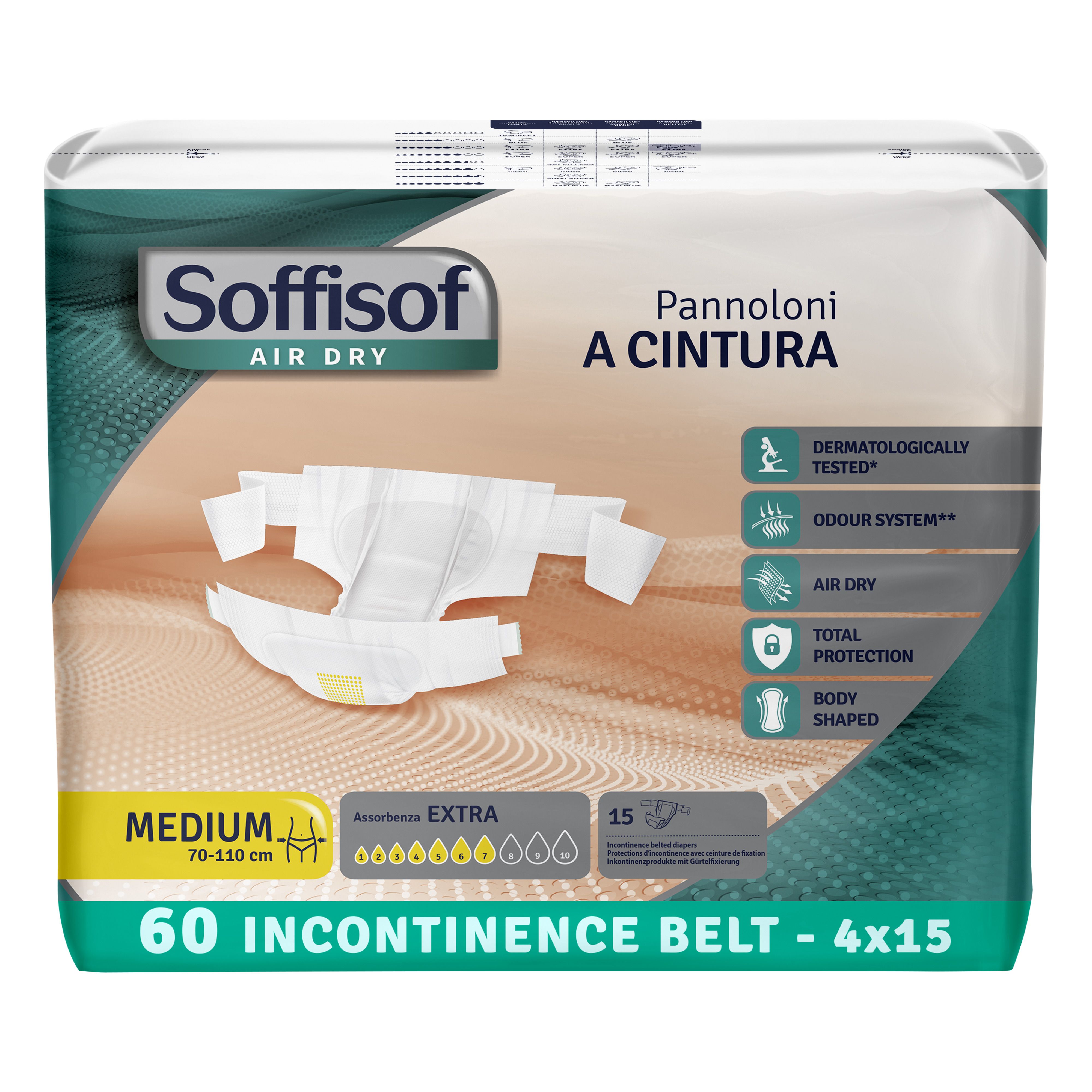Verpakking Soffisof incontinentiebescherming met heupband Extra, Medium, 60 stuks. Groen-wit design.
