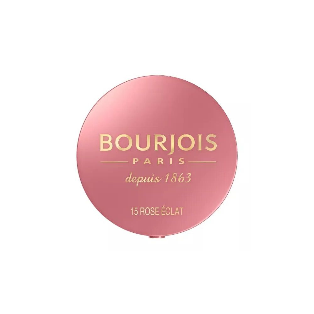 Boîtier rond rose avec inscription dorée. Inscription: BOURJOIS PARIS, depuis 1863, 15 ROSE ÉCLAT.