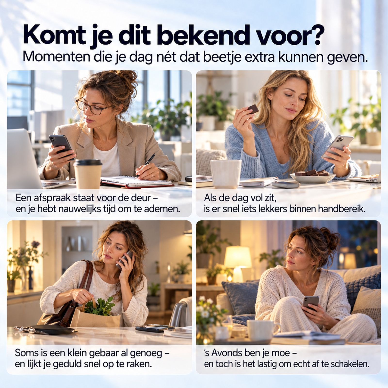 Vier scènes van vrouwen die momenten van ontspanning zoeken in het dagelijks leven.