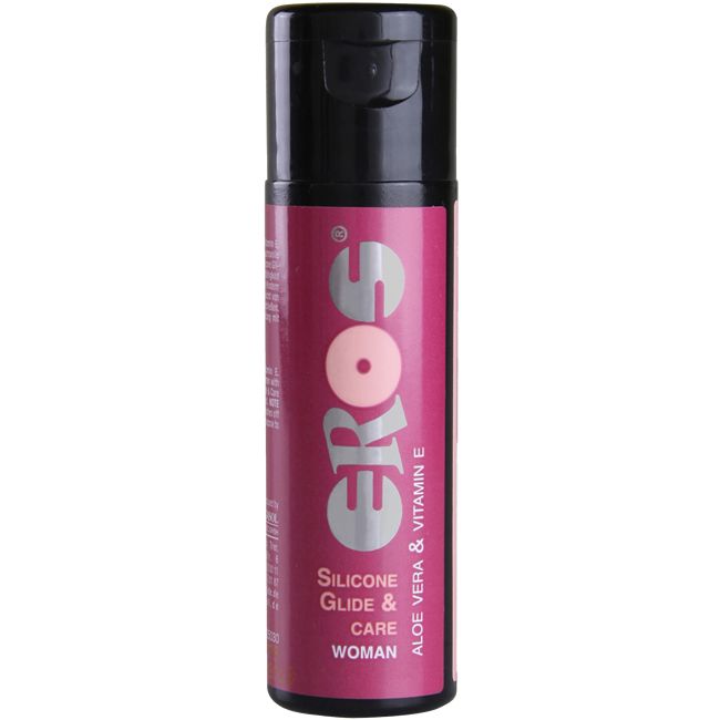 Flacon avec bouchon noir et étiquette rouge. Inscription : EROS, Silicone Glide & Care, Woman. Contient de l'Aloe Vera & de la vitamine E.