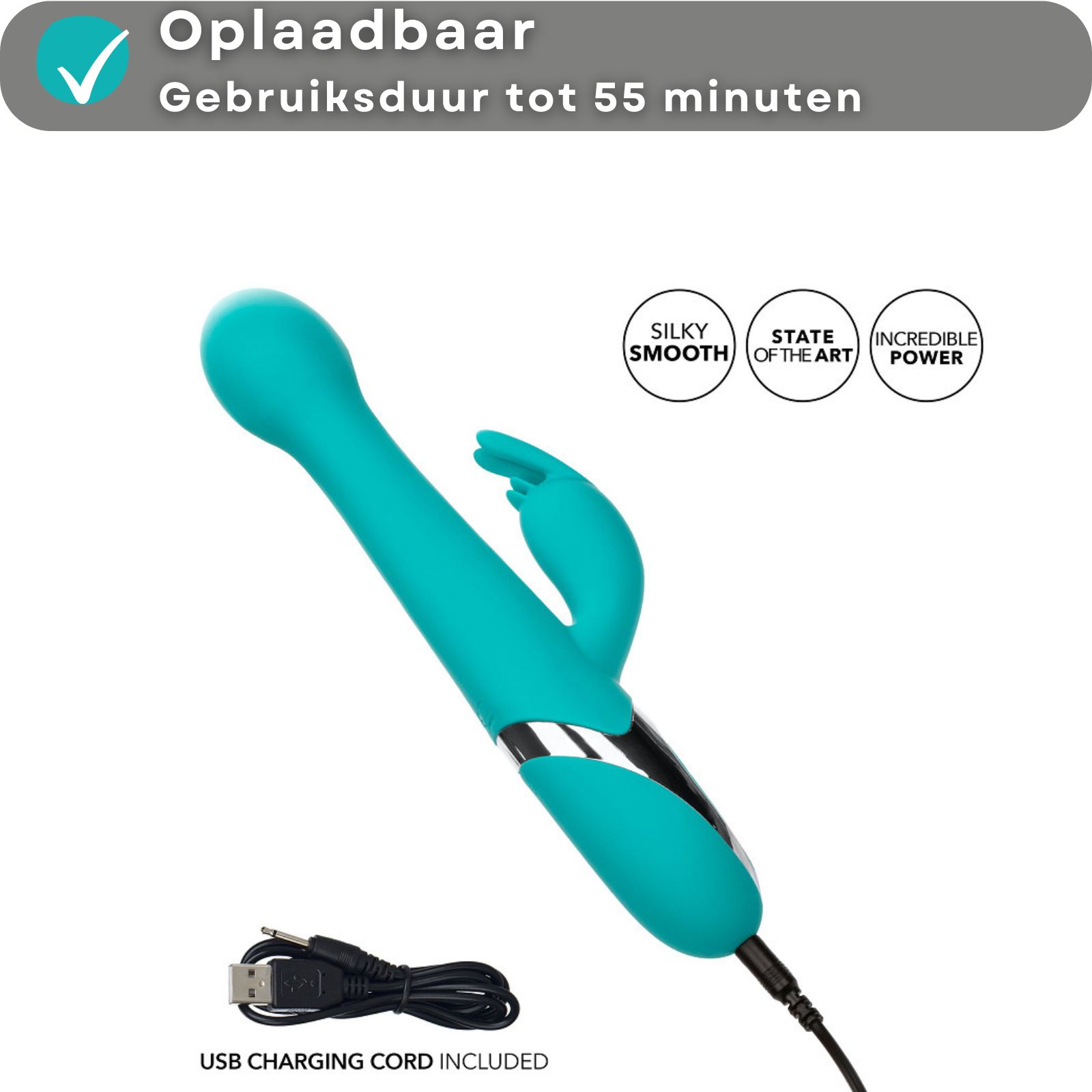 Turquoise vibrator met gebogen vorm. Met USB-oplaadkabel.