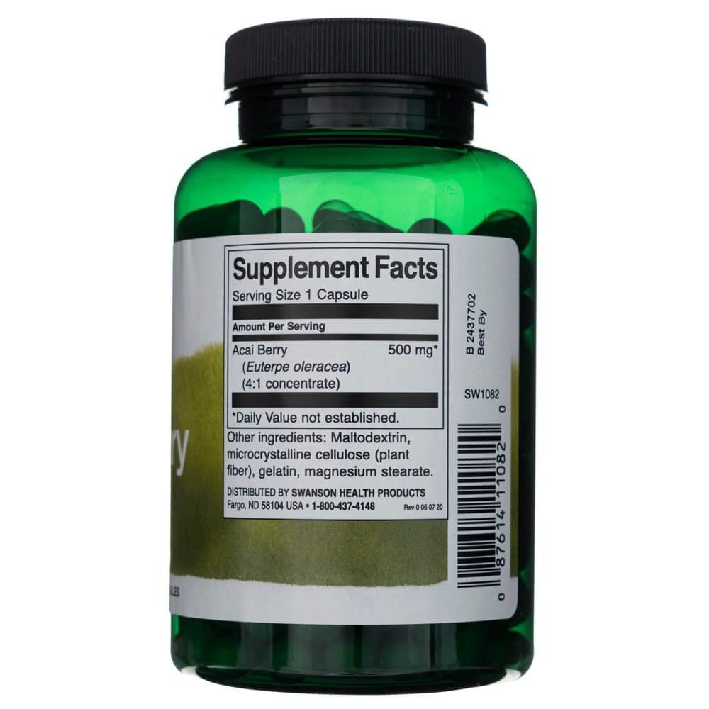 Arrière d'une bouteille verte avec les faits nutritionnels de baies d'açaï Swanson, 500 mg par gélule.