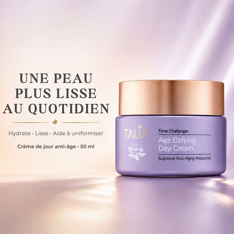 Emballage de crème de jour Talia, mention 'Age Defying Day Cream'.