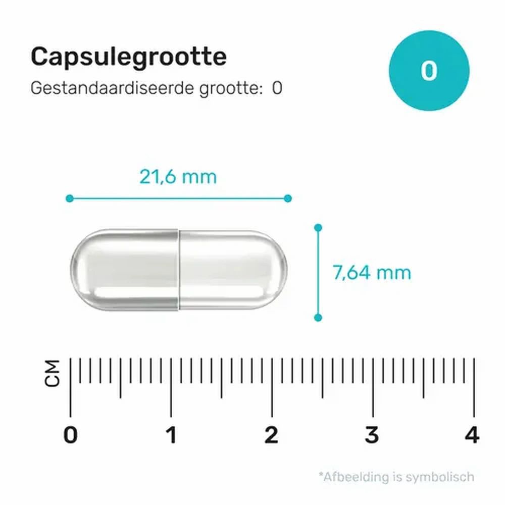 Capsule van 21,6 mm x 7,64 mm. Standaard maat 0. Afmetingen in mm.