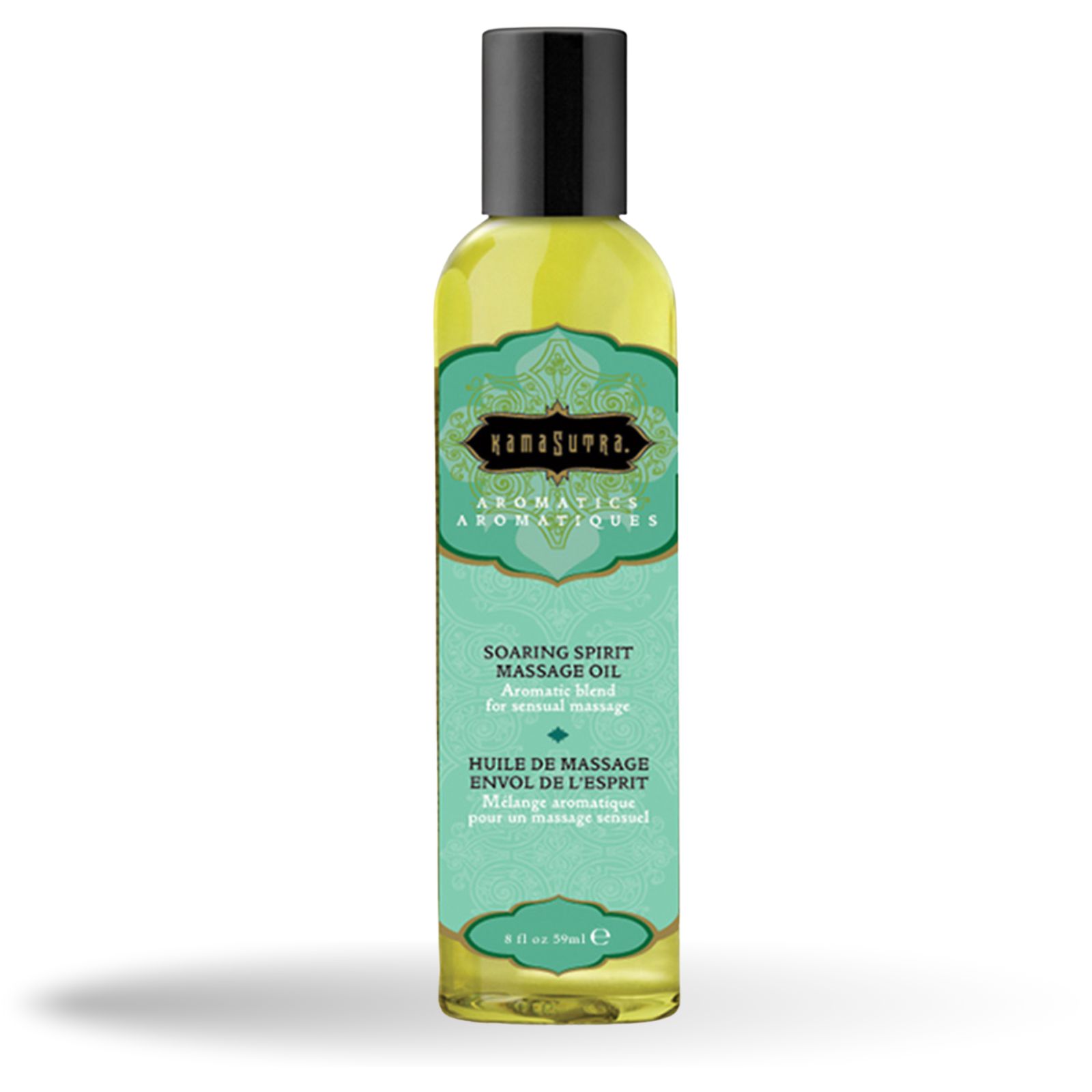 Huile de massage Kamasutra Aroma Soaring. Bouteille avec étiquette verte et noire. Contient du texte.