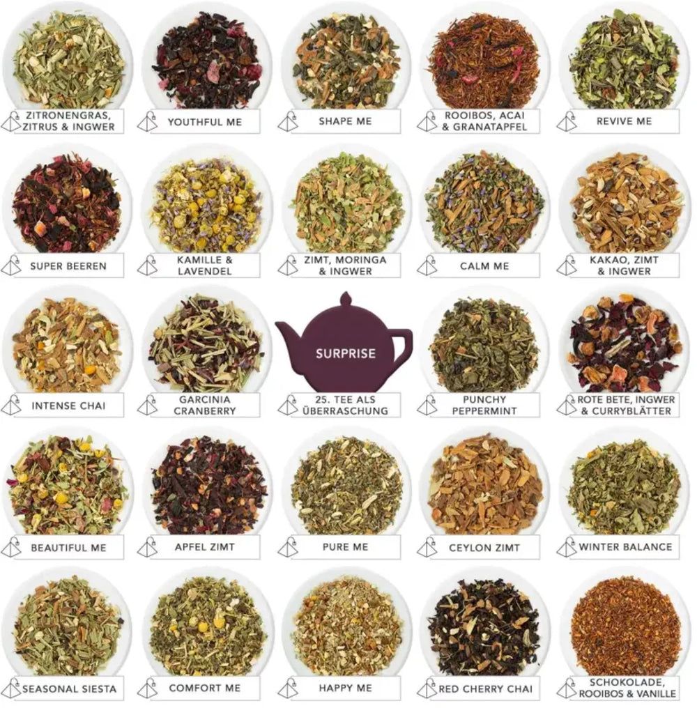 25 variétés de thé dans des bols. Inscription 'SURPRISE'. Différentes herbes et fruits. Fond noir.