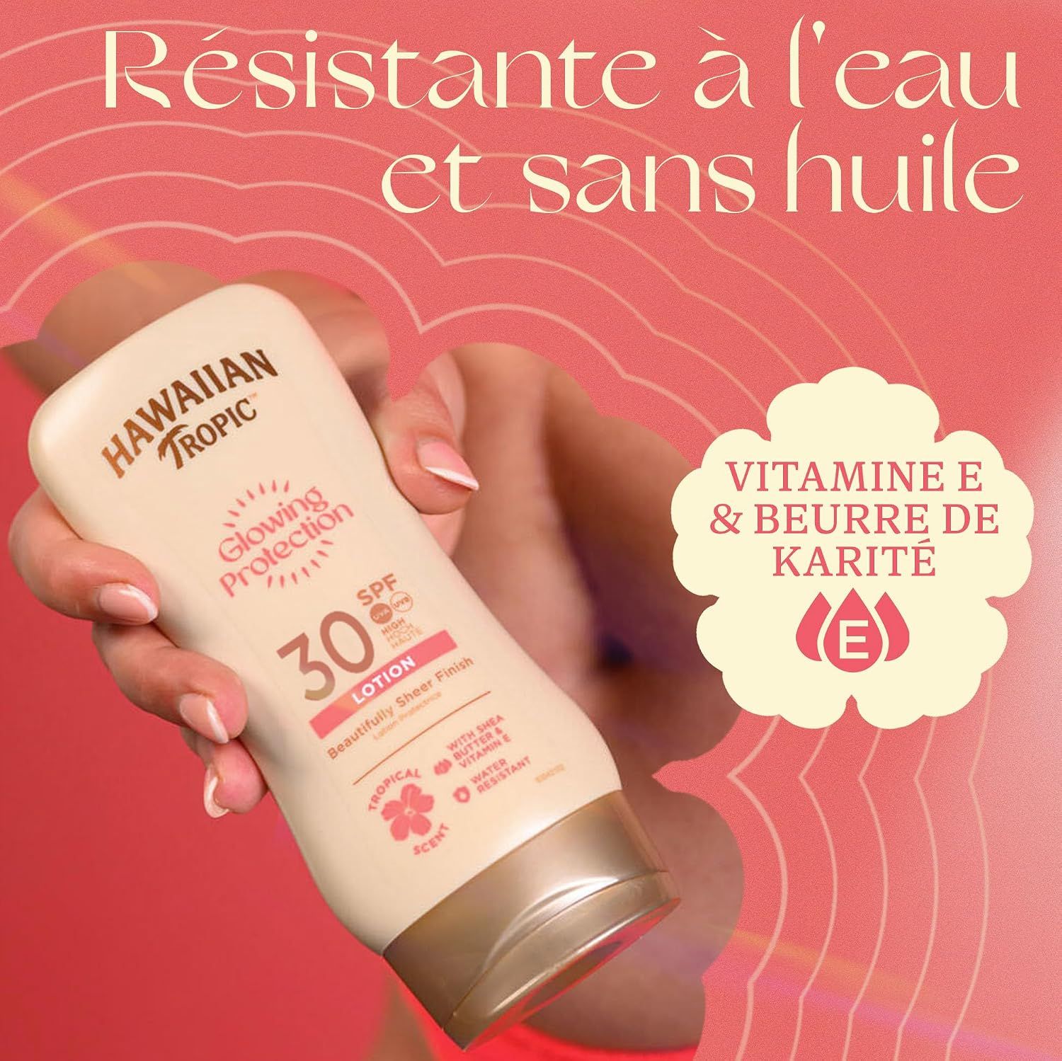 Lotion Hawaiian Tropic Glowing Protection FPS 30, résistante à l'eau, sans huile, avec vitamine E et beurre de karité.